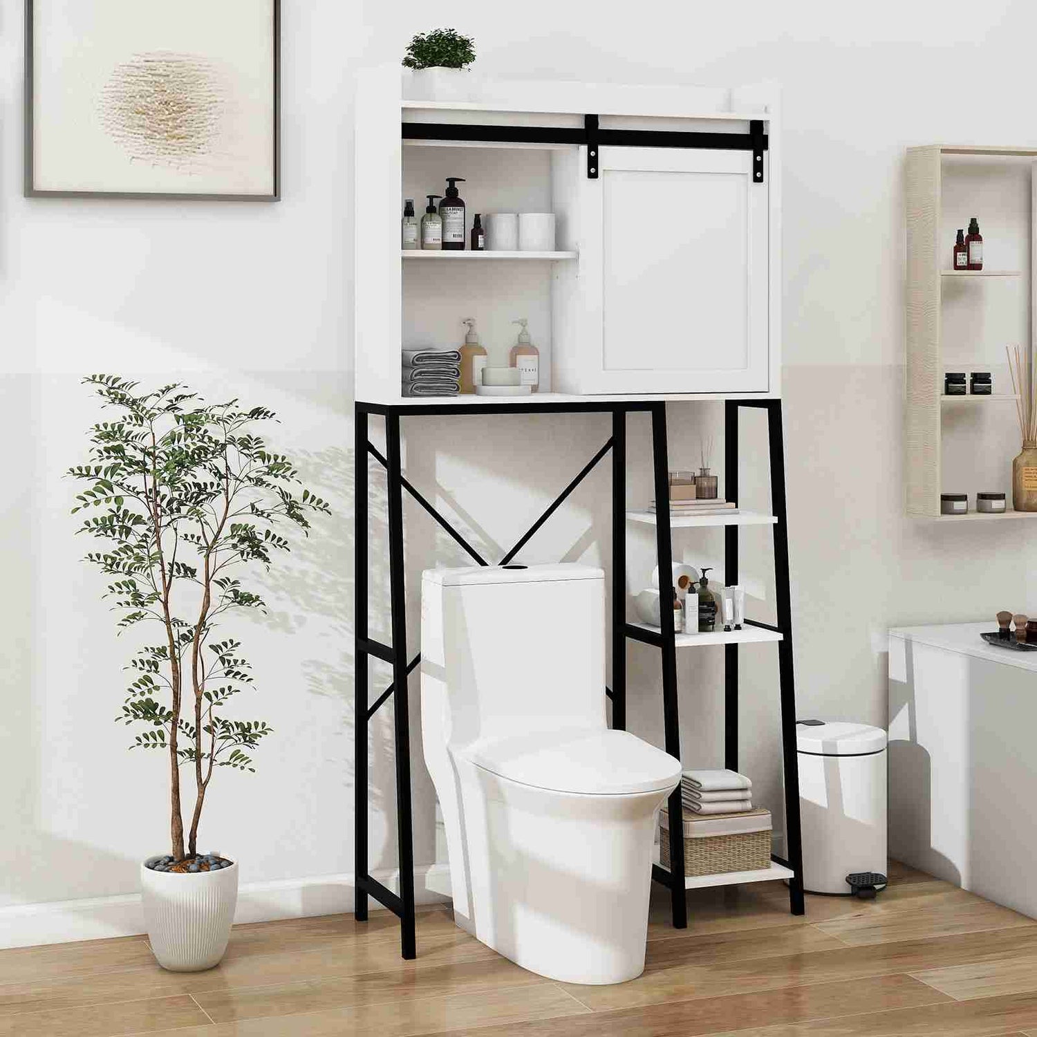 White Bathroom Over Toilet Storage with Sliding Barn Door, Adjustable Shelves, Side Rack
