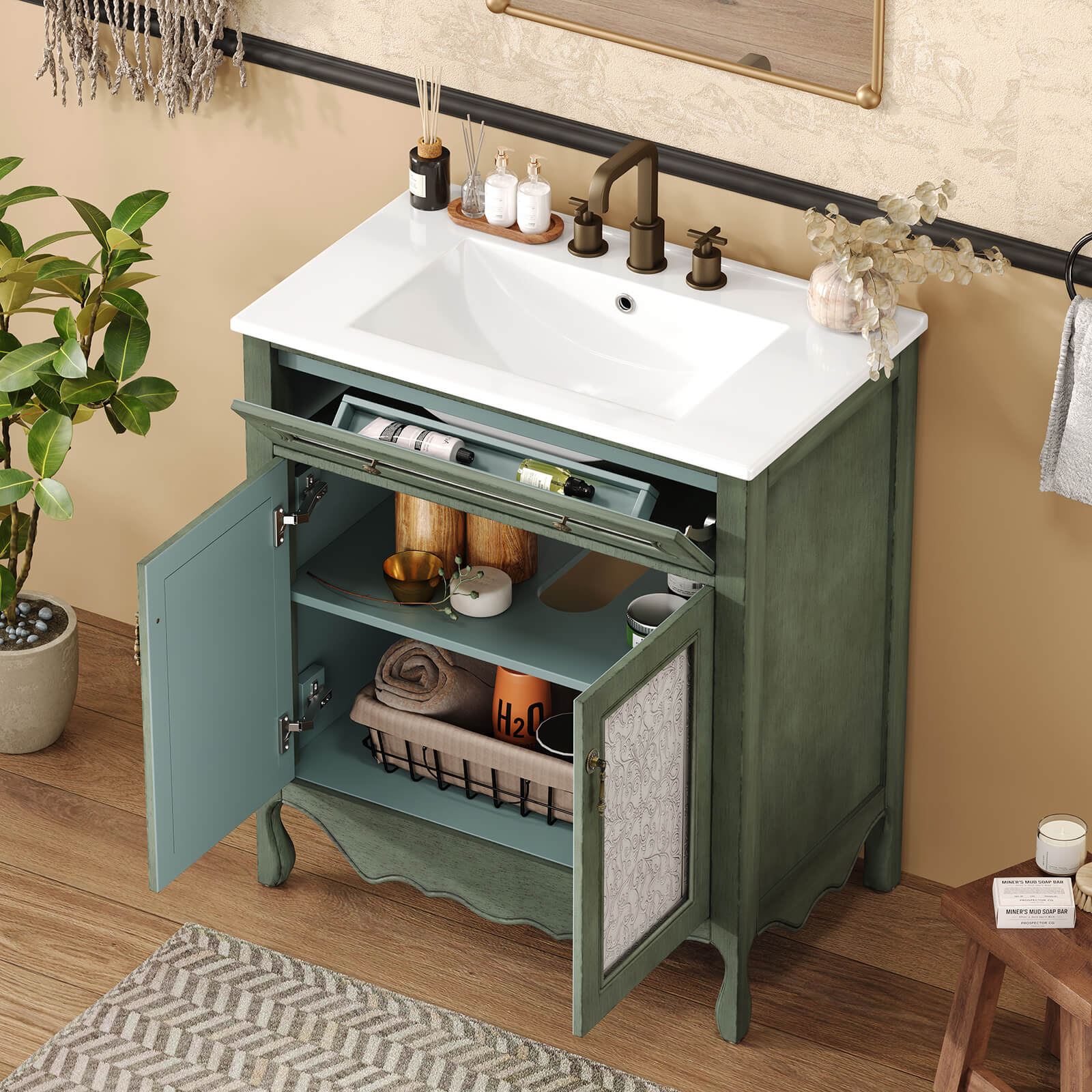 Vintage green 30 inch bathroom vanity with distressed finish