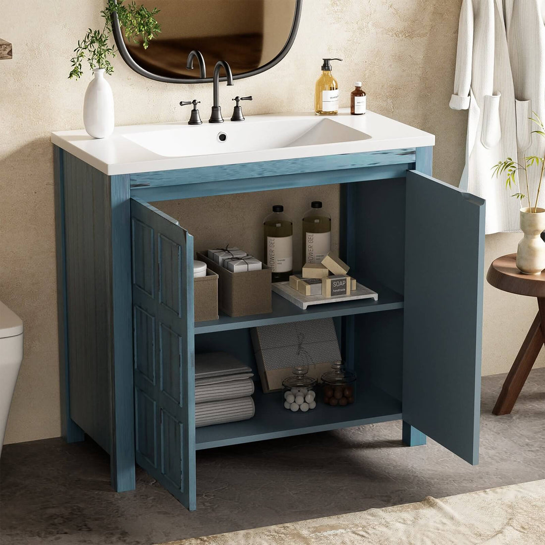 Vintage inspired bathroom vanity in retro blue with grid patterned doors