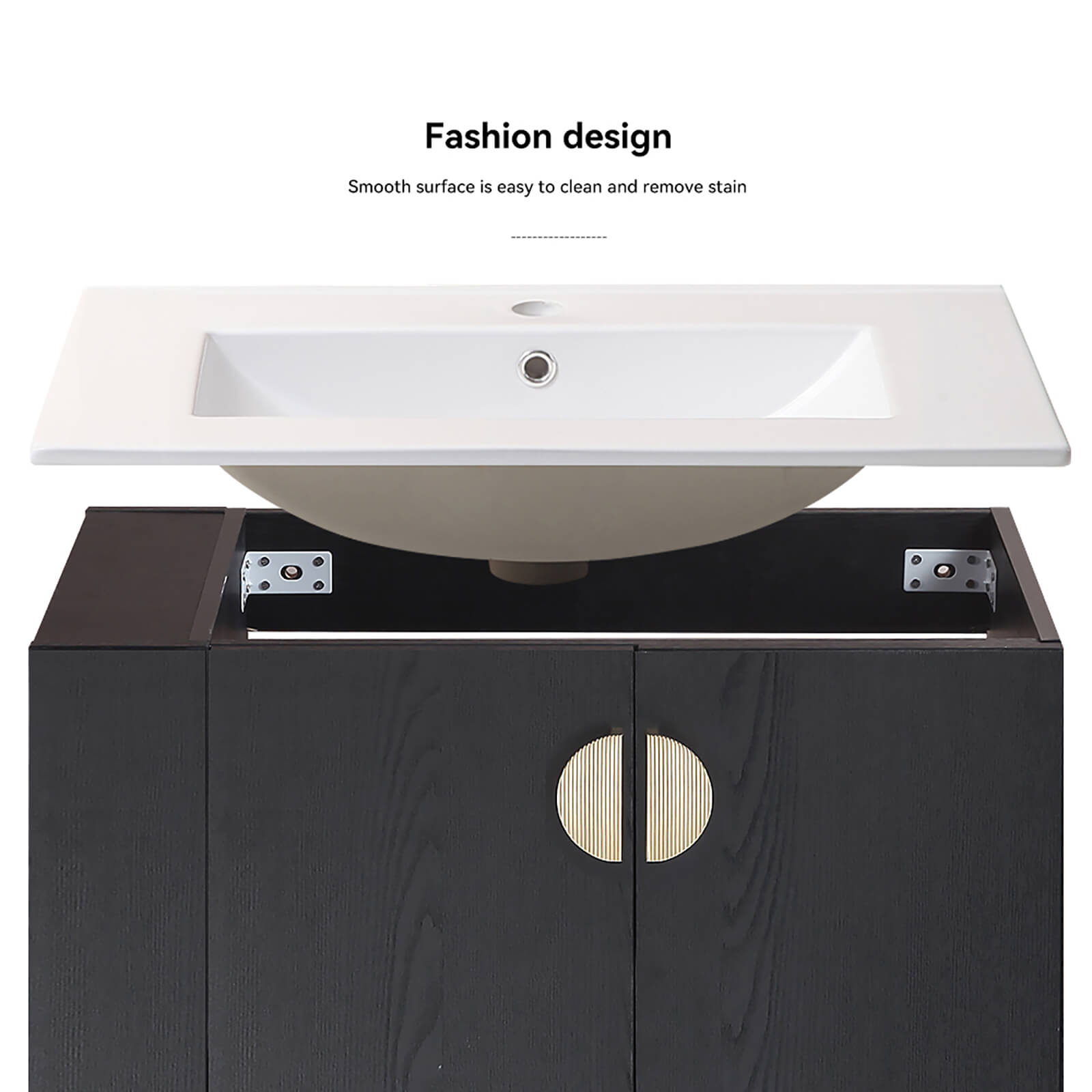 Wall mounted black vanity with white ceramic sink