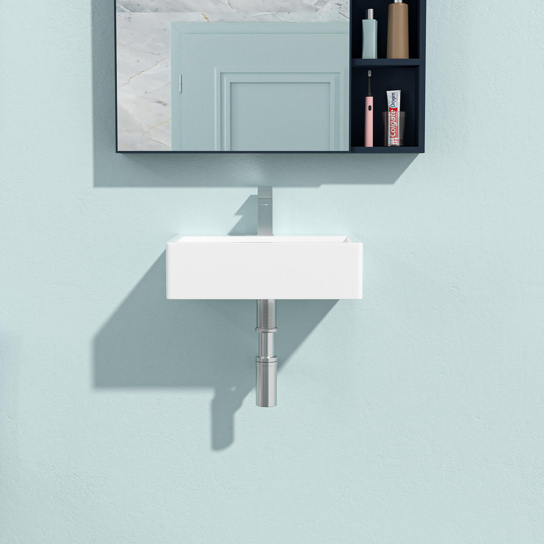 Wall mounted rectangular sink with centered faucet hole and overflow