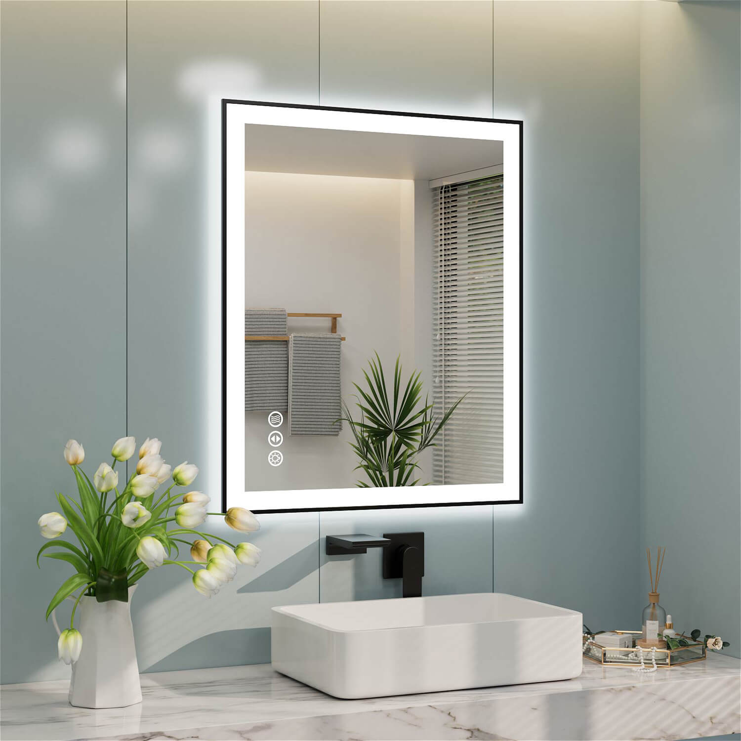 Wall-mounted LED bathroom mirror with edge lighting and touch controls