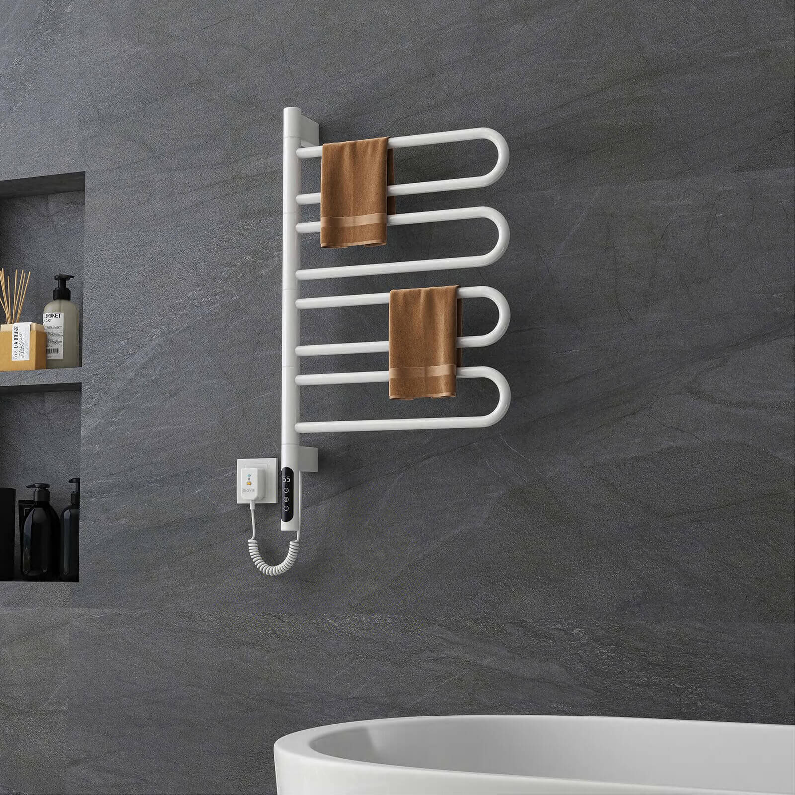 Wall-mounted towel warmer in white for modern bathrooms