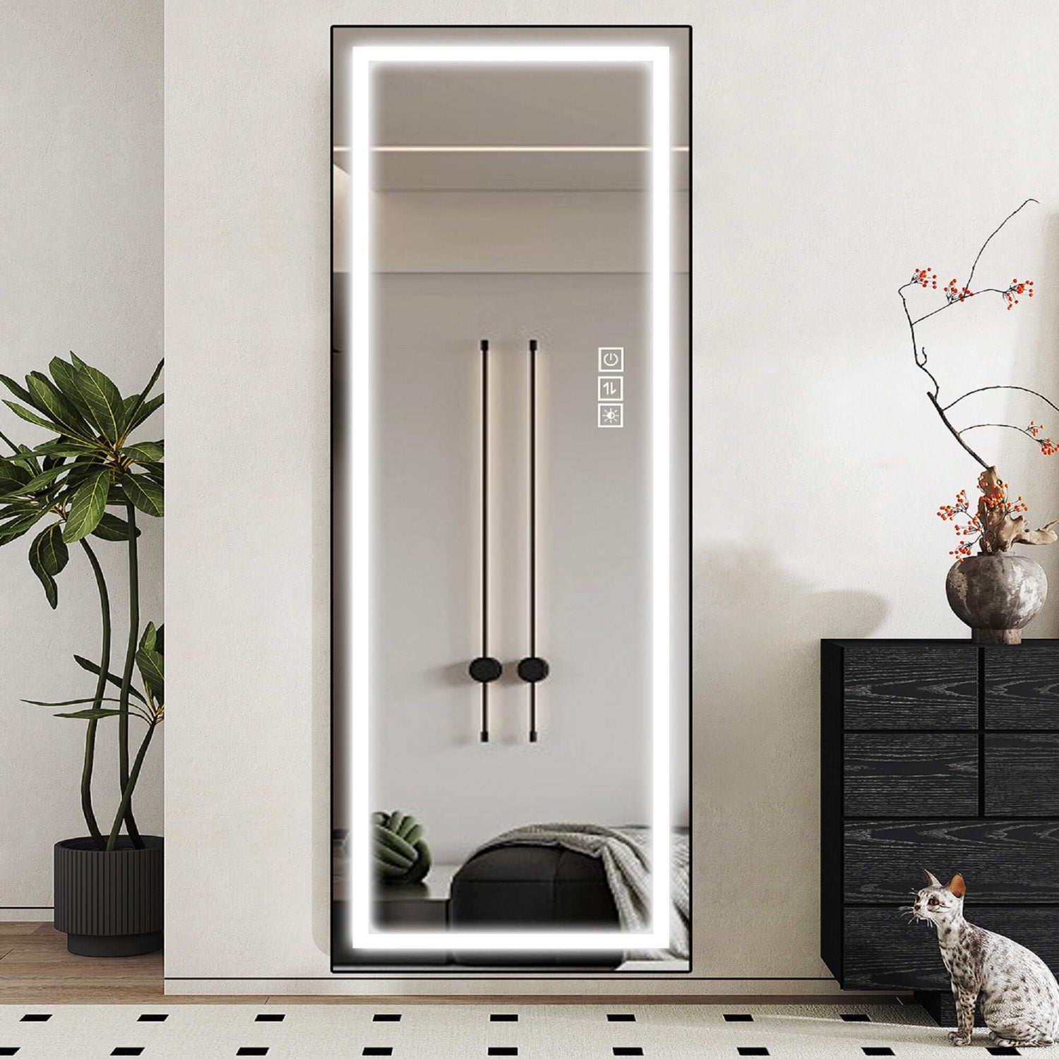 Wall mounted LED mirror for scandinavian style bedroom with decor