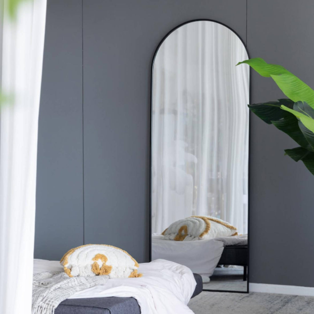 Wall mounted black arched full length mirror for bedroom