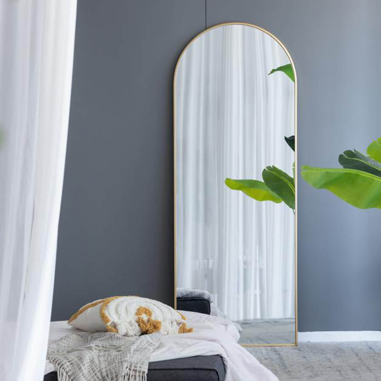 Wall mounted gold arched full length mirror for bedroom