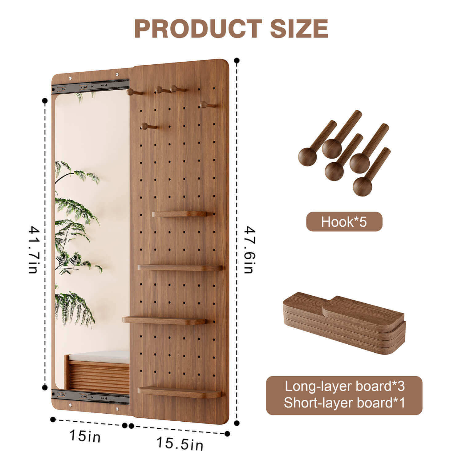 Walnut mirror dimension view with included hooks and shelf accessories