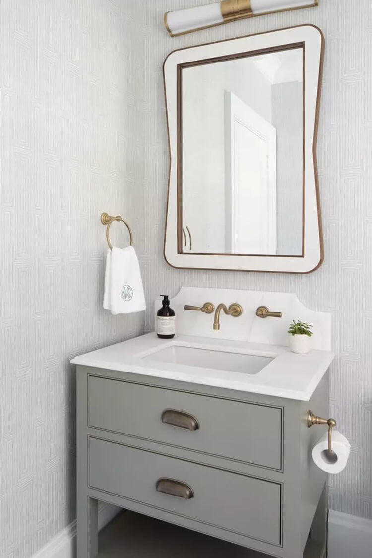 Warm Gray Pair with brass hardware and a matching mirror for a polished look