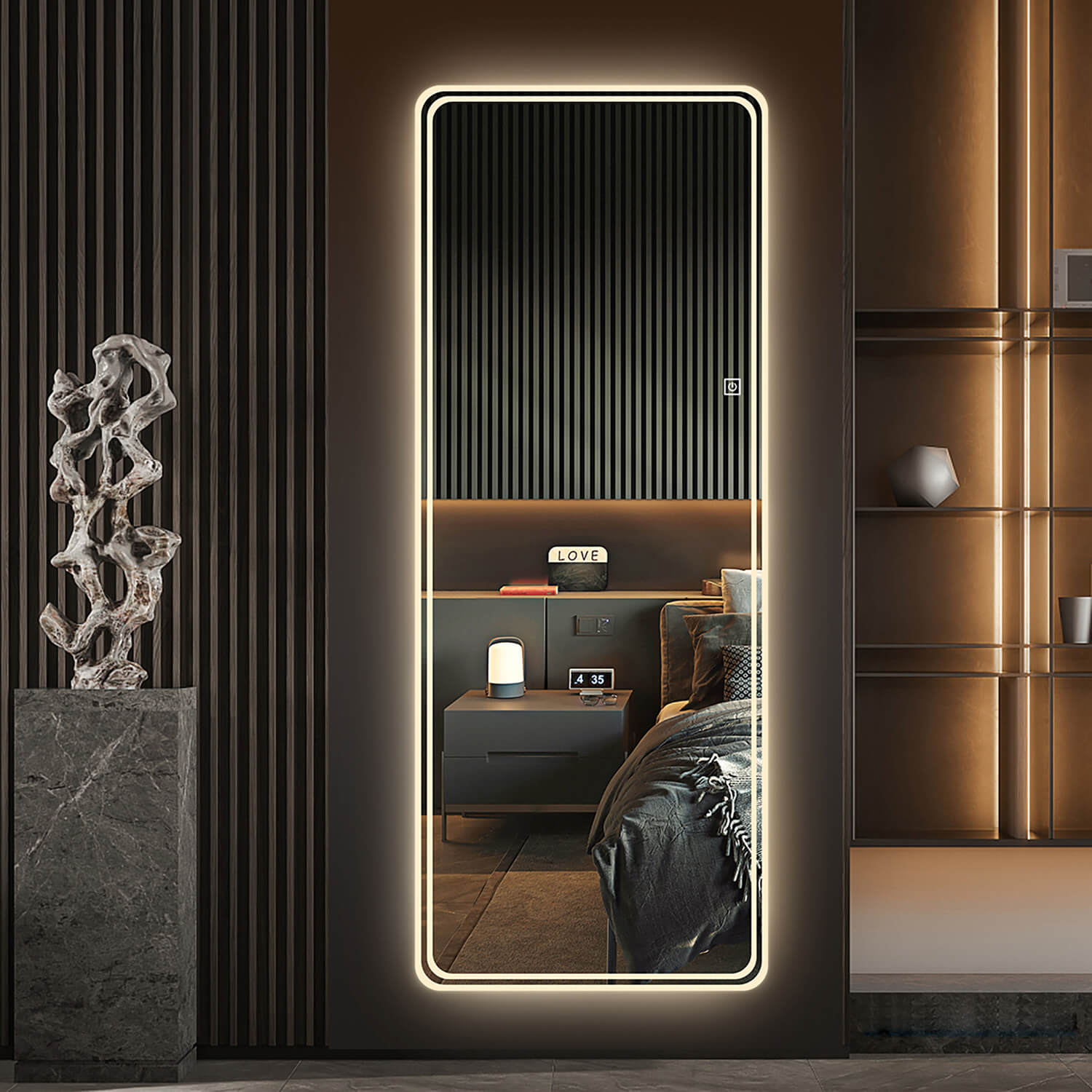 Warm LED backlit full length mirror for bedroom