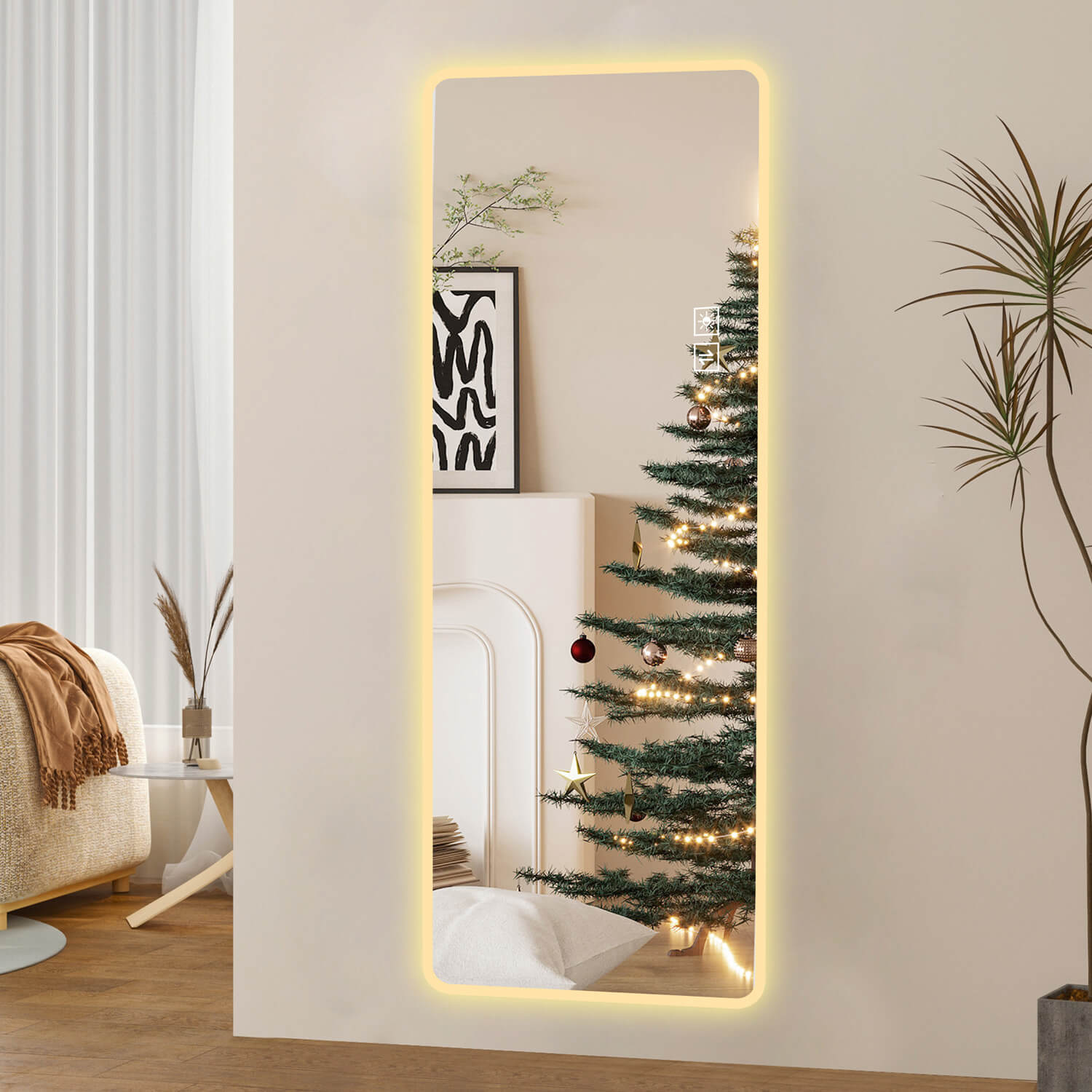 Warm LED backlit full length mirror for cozy living room decor