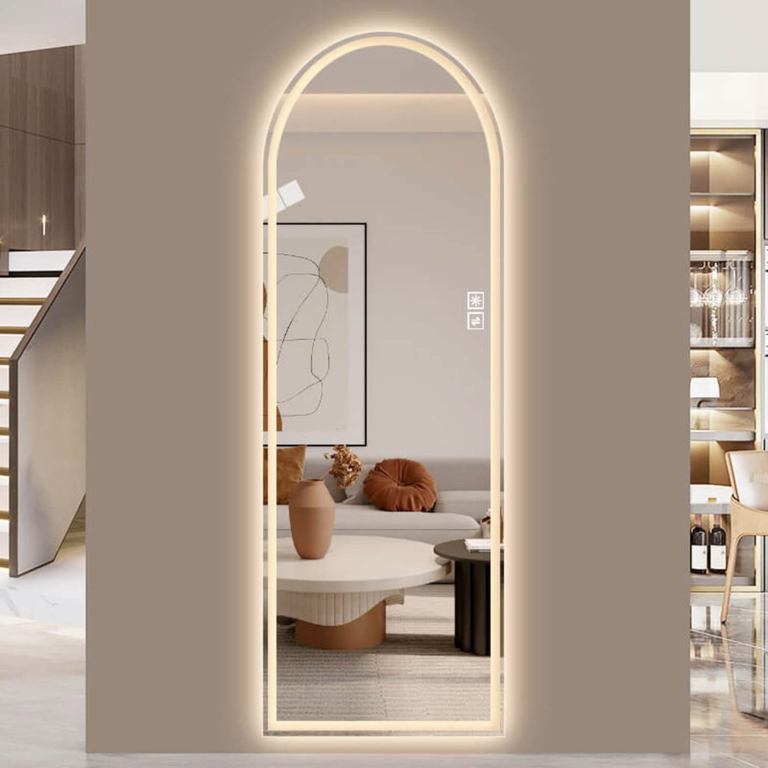 Warm light arched LED mirror for luxury entryway
