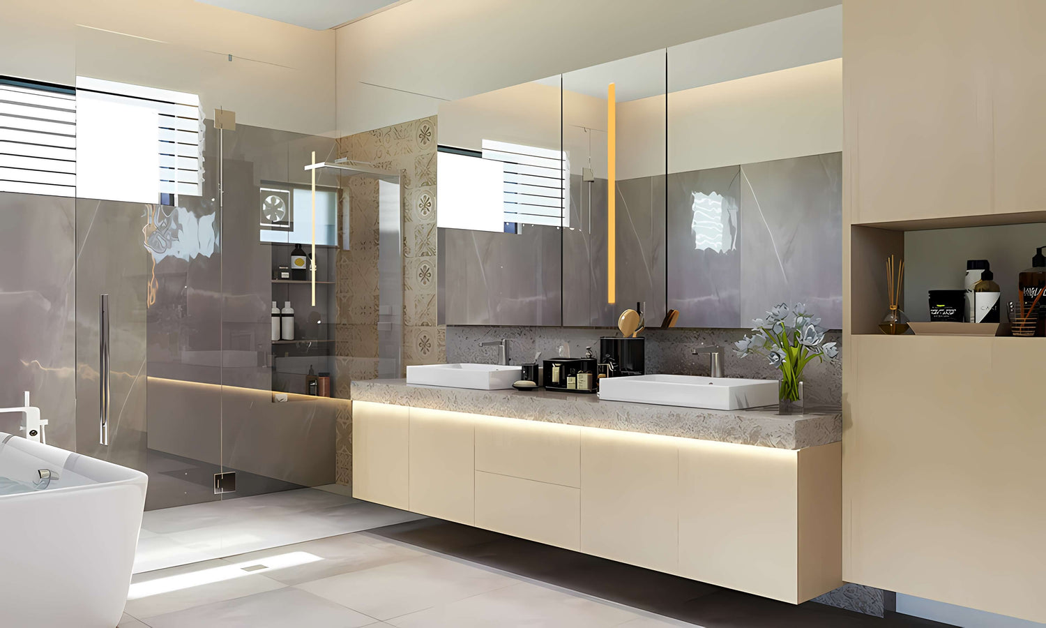 Washed grey bathroom tiles paired with beige furniture