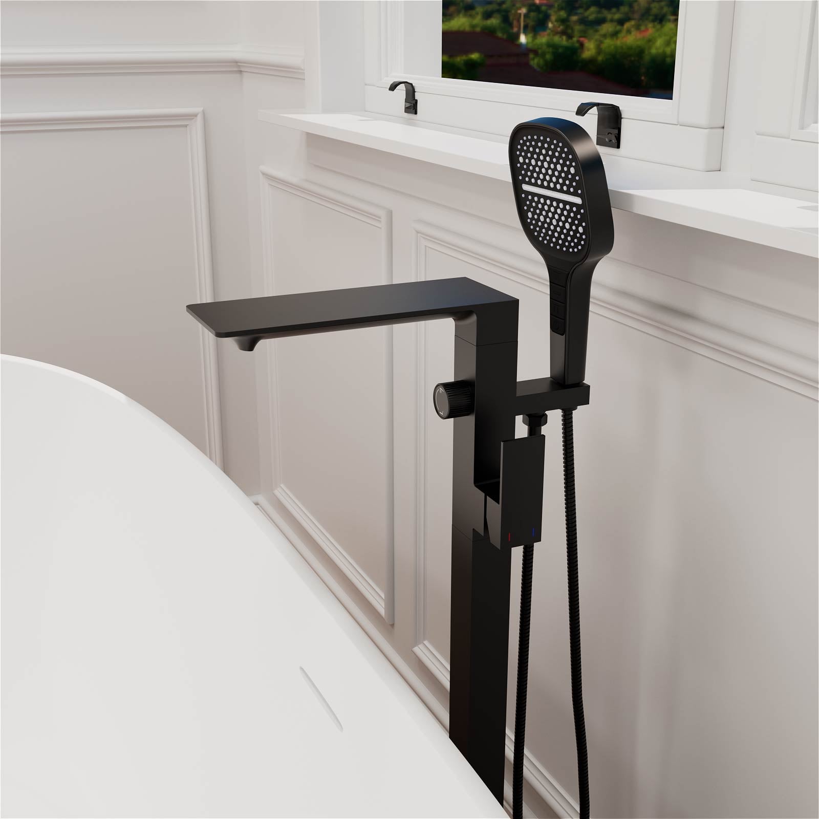 Waterfall Freestanding Bathtub Faucet 360 Swivel Floor Mount Tub Filler with Handheld Sprayer