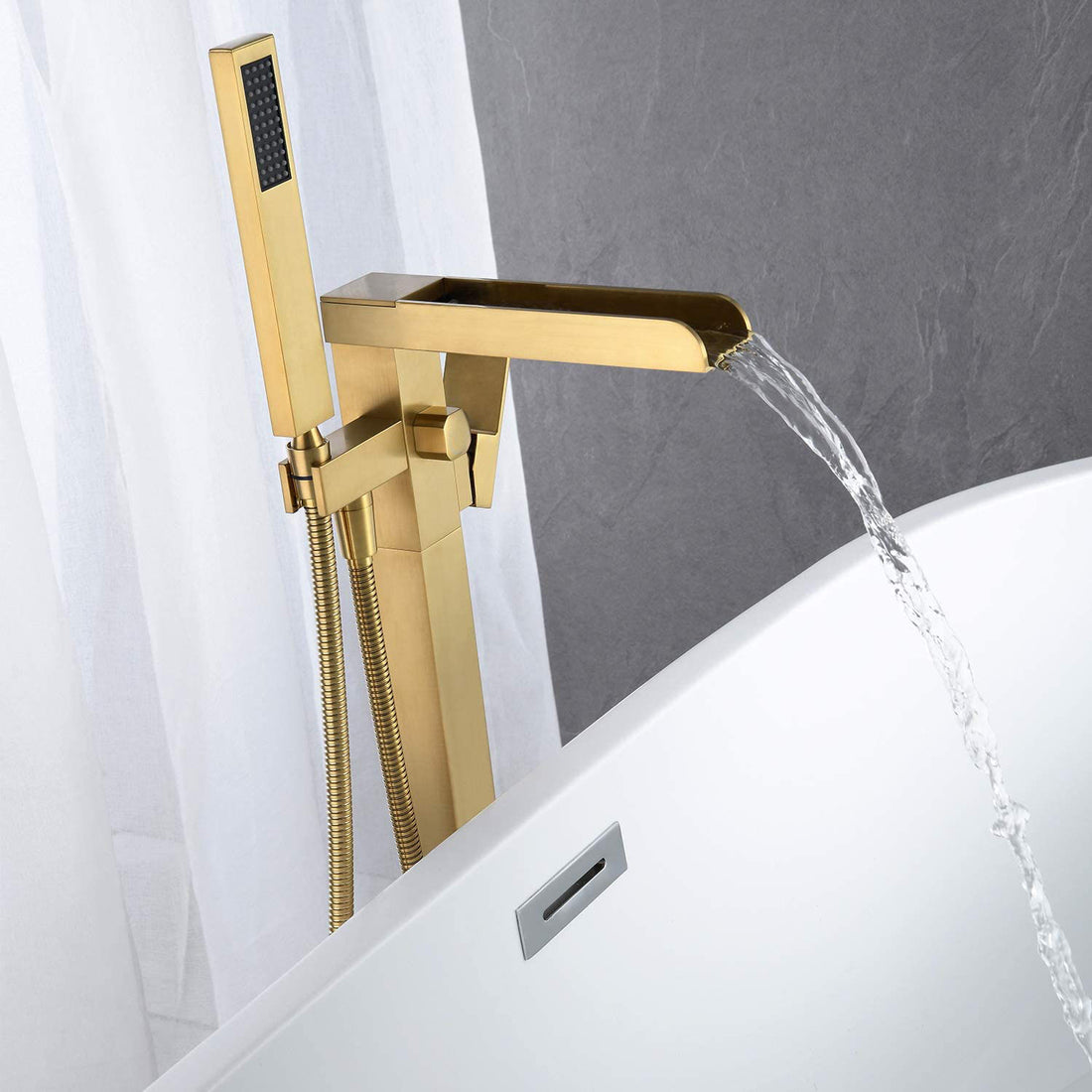 Waterfall freestanding bathtub faucet with handheld shower and hose
