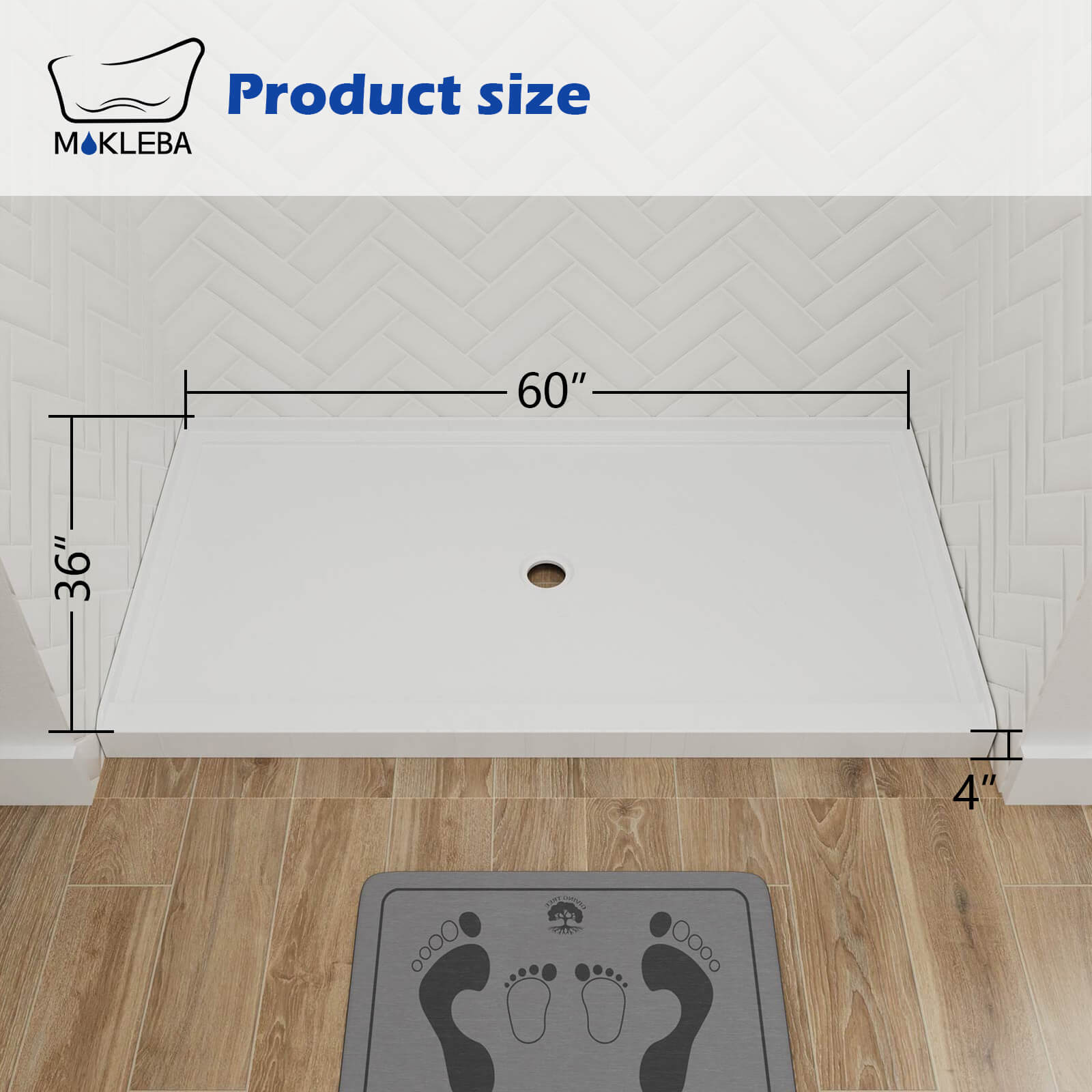 White 60 inch shower tray with slip resistant pattern