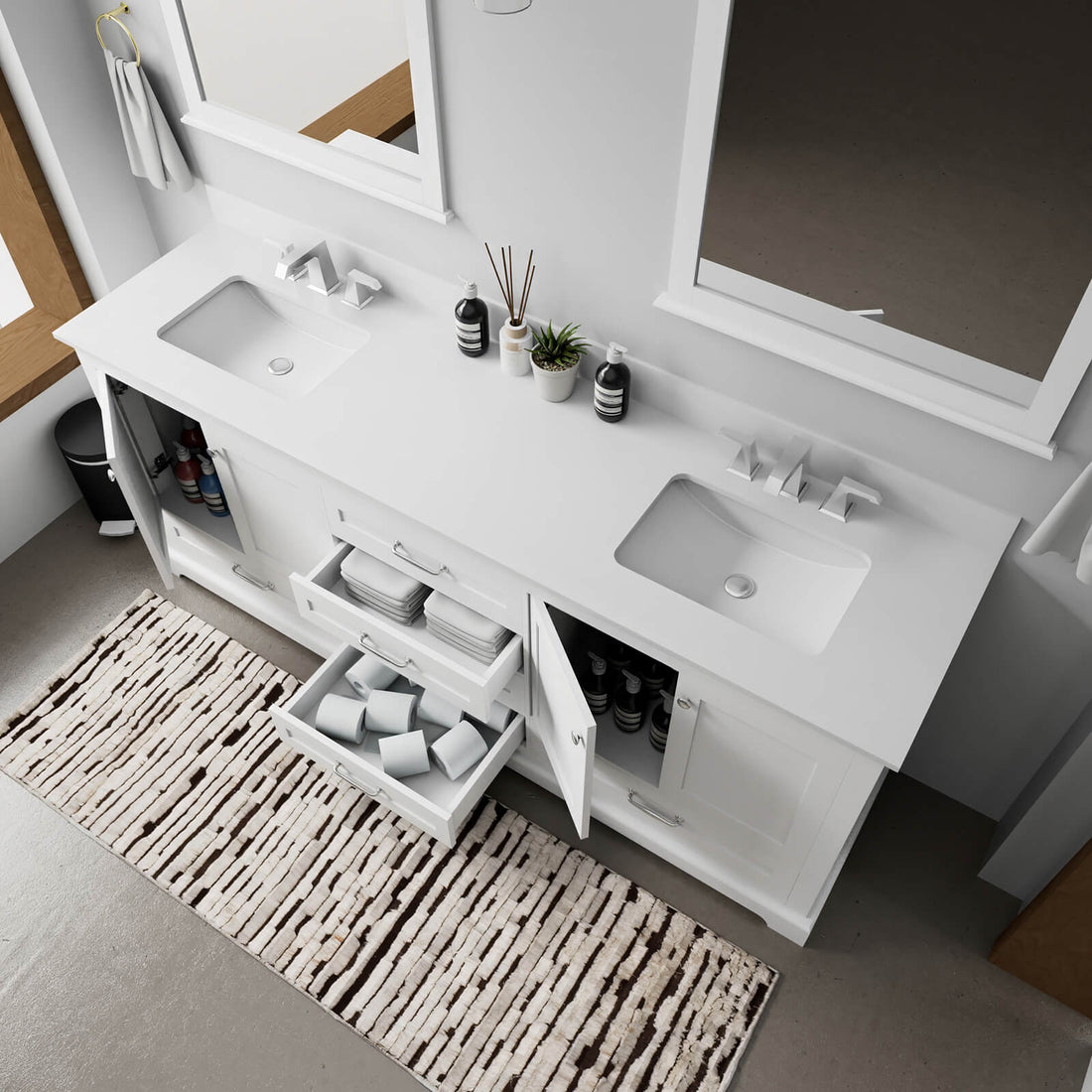 White 80 inch double sink bathroom vanity with quartz countertop