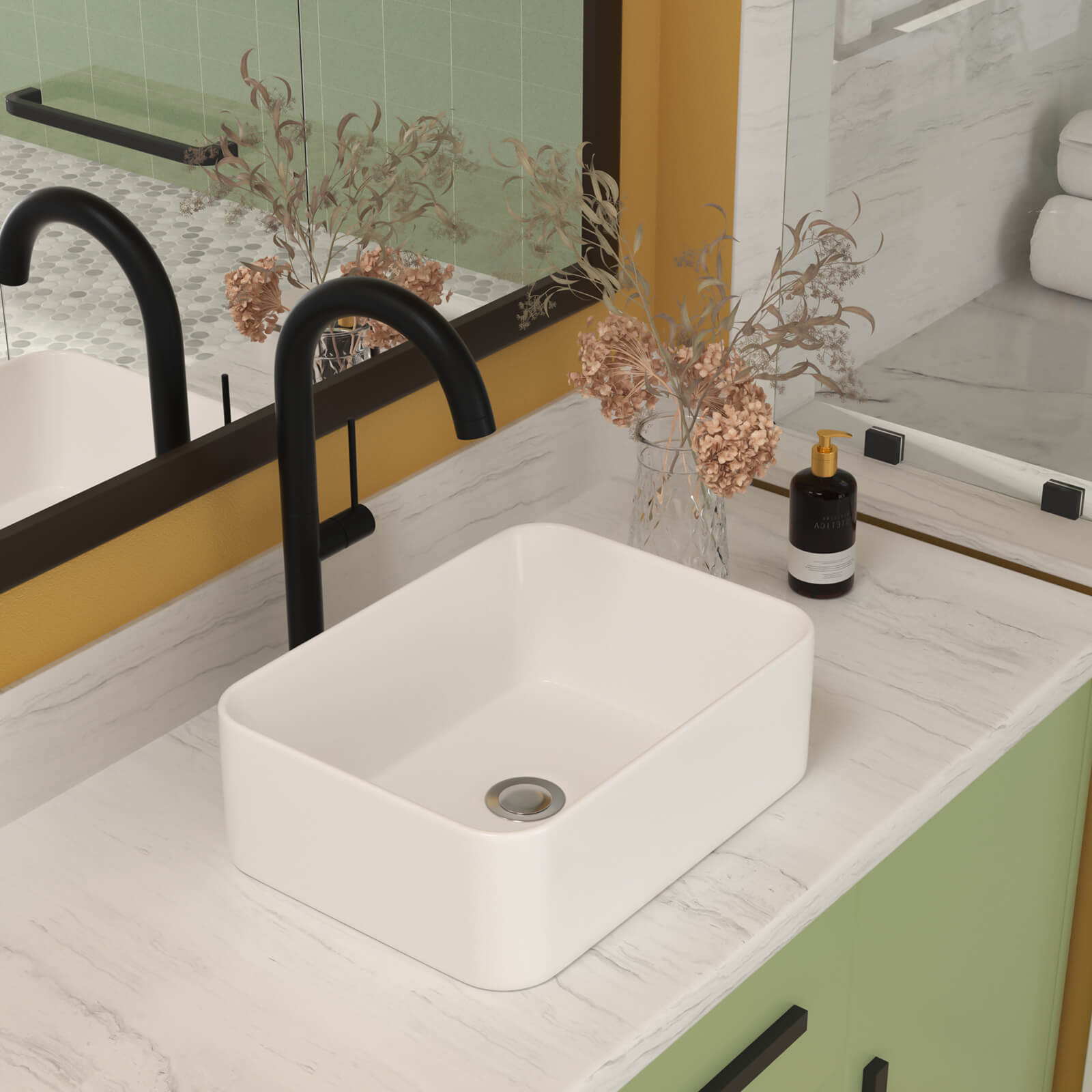 White rectangular ceramic vessel sink with rounded corners