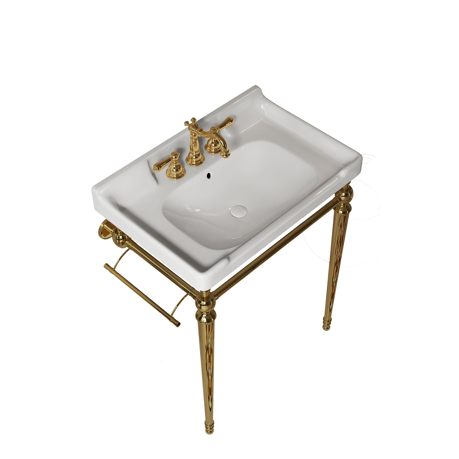 White seamless ceramic basin with gold frame support