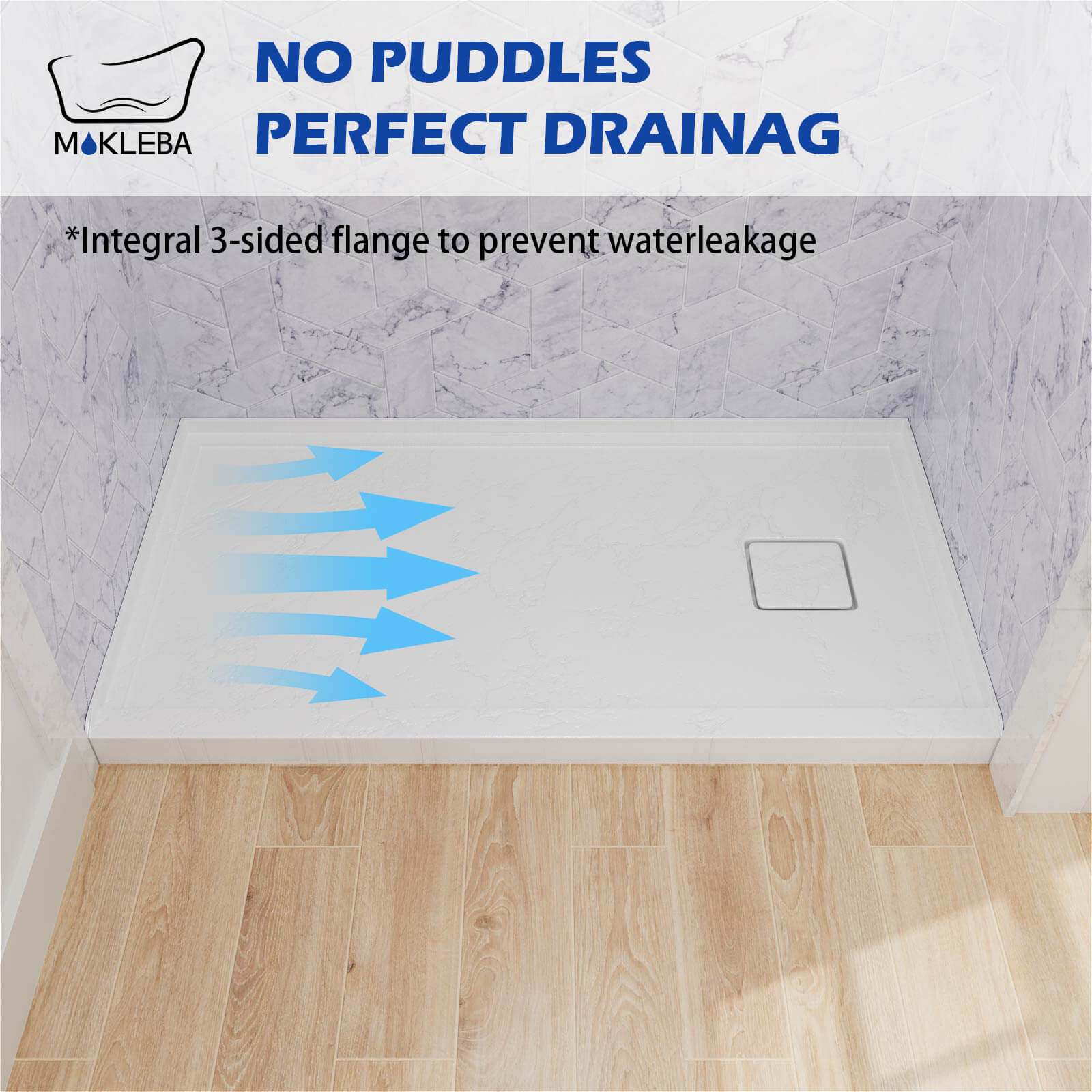 White shower base featuring engineered floor slope