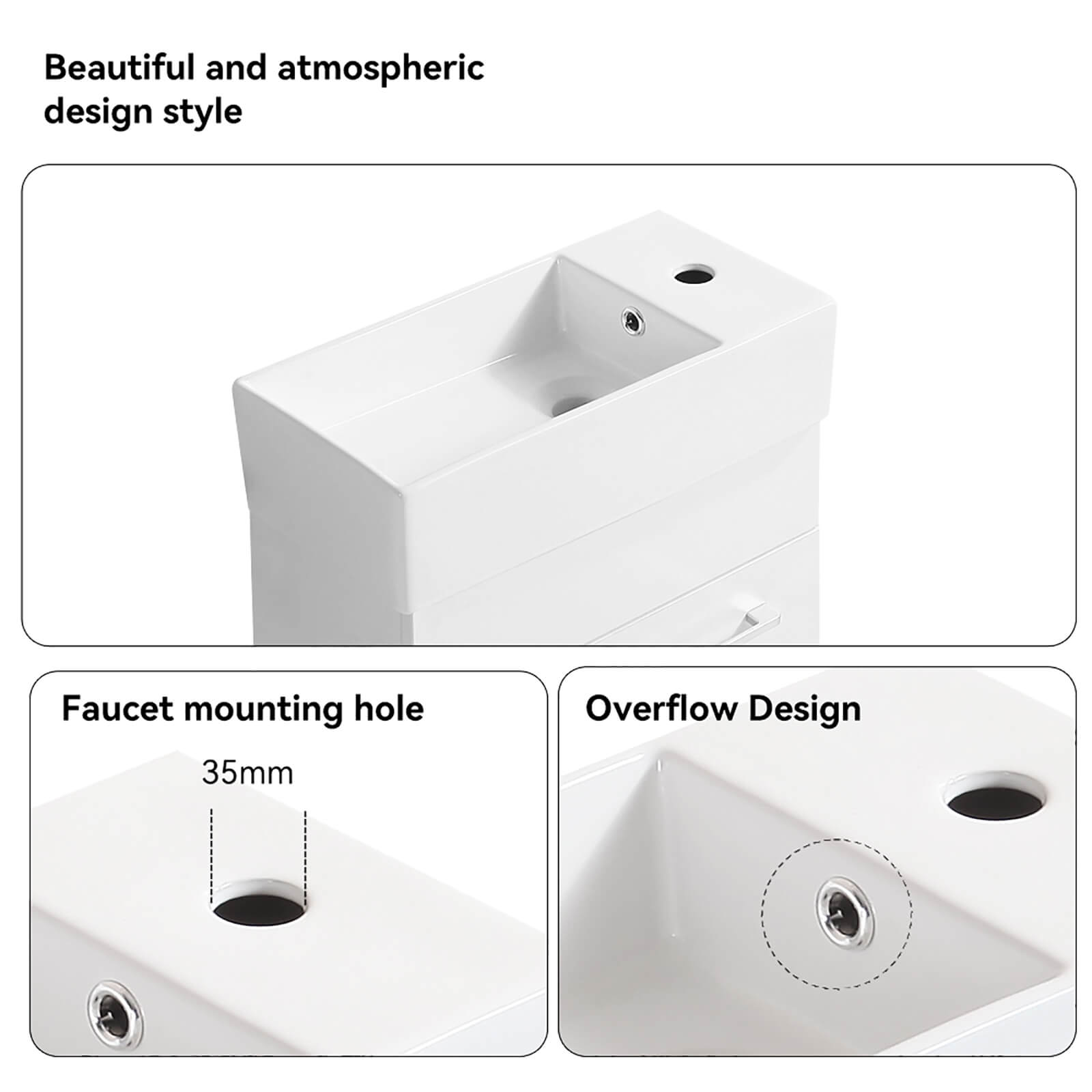 White vanity with glossy ceramic sink and overflow