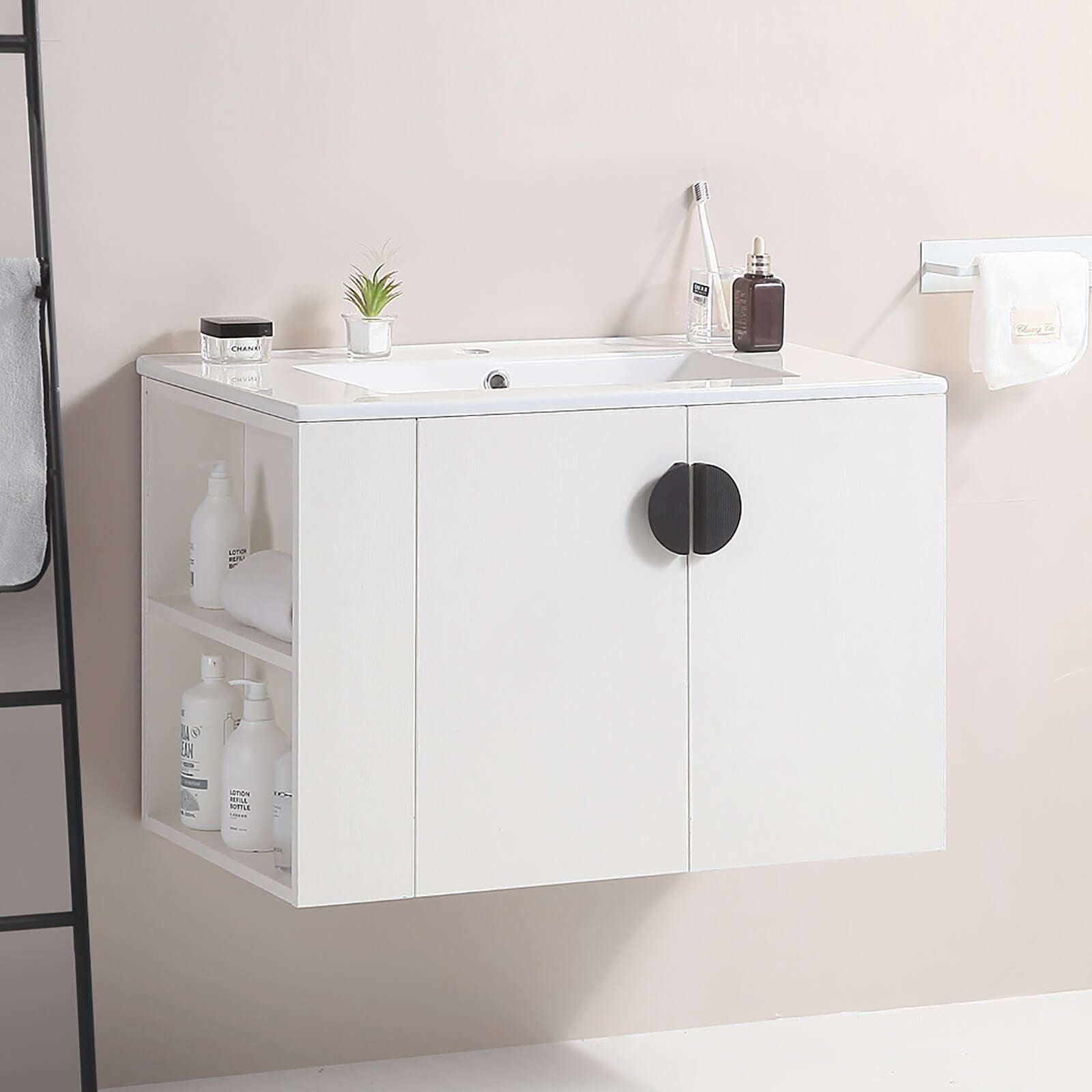 White wall mounted bathroom vanity with open shelf design