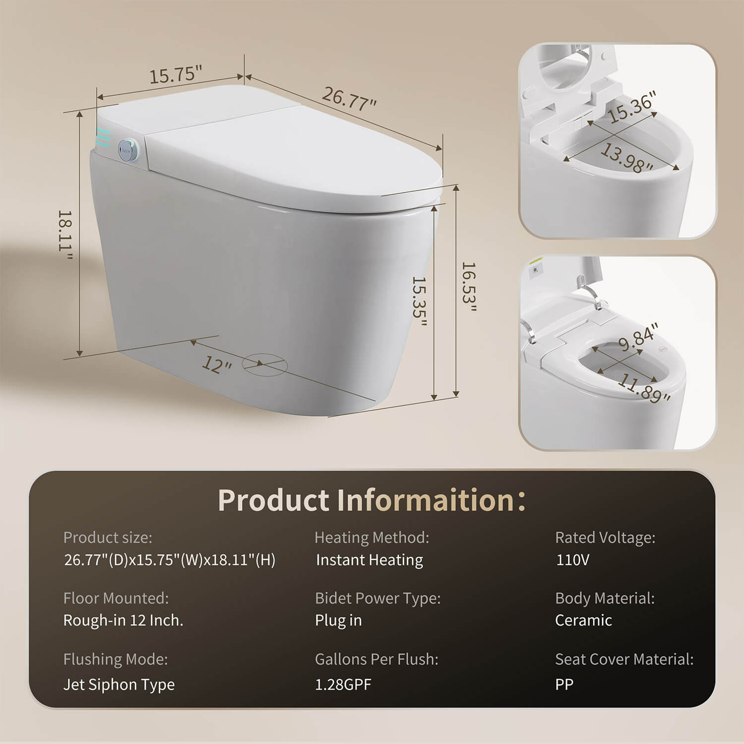 White LED Screen Tankless Smart Bidet Toilet Size Details