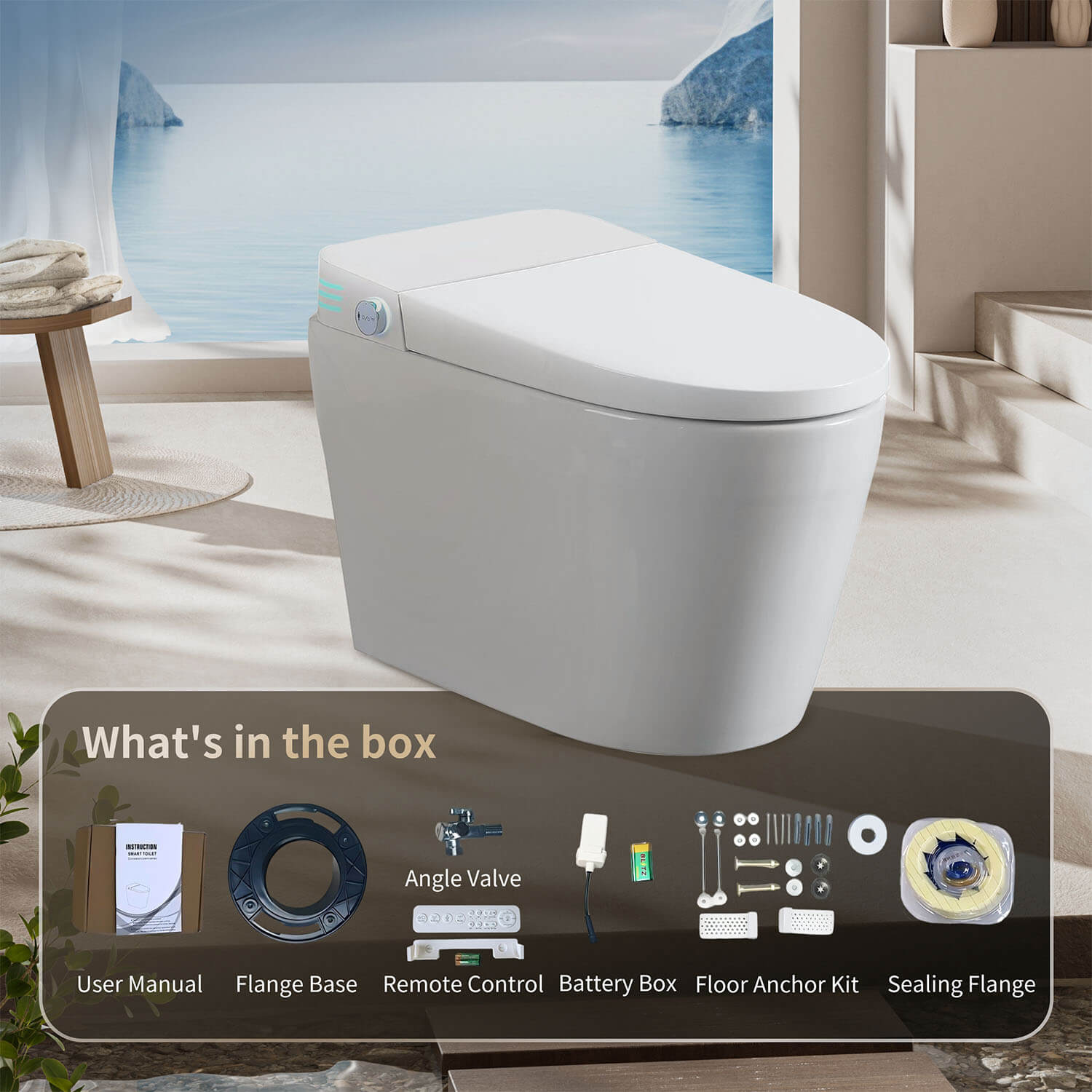 White LED Screen Tankless Smart Toilet Includes installation accessories