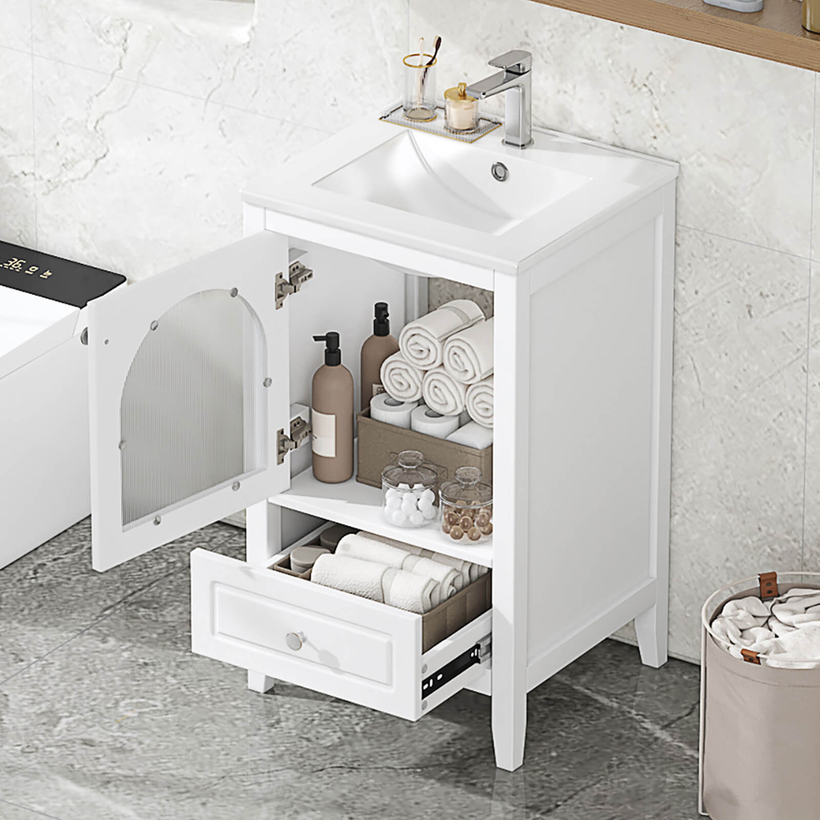 White bathroom sink cabinet with sleek design and practical features