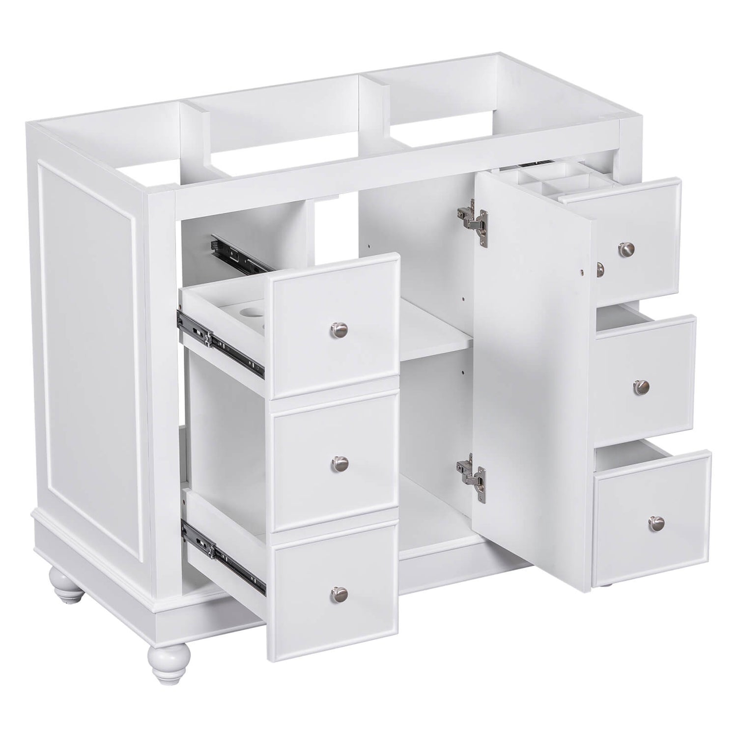 White bathroom vanity paired with a separately purchased sink and countertop