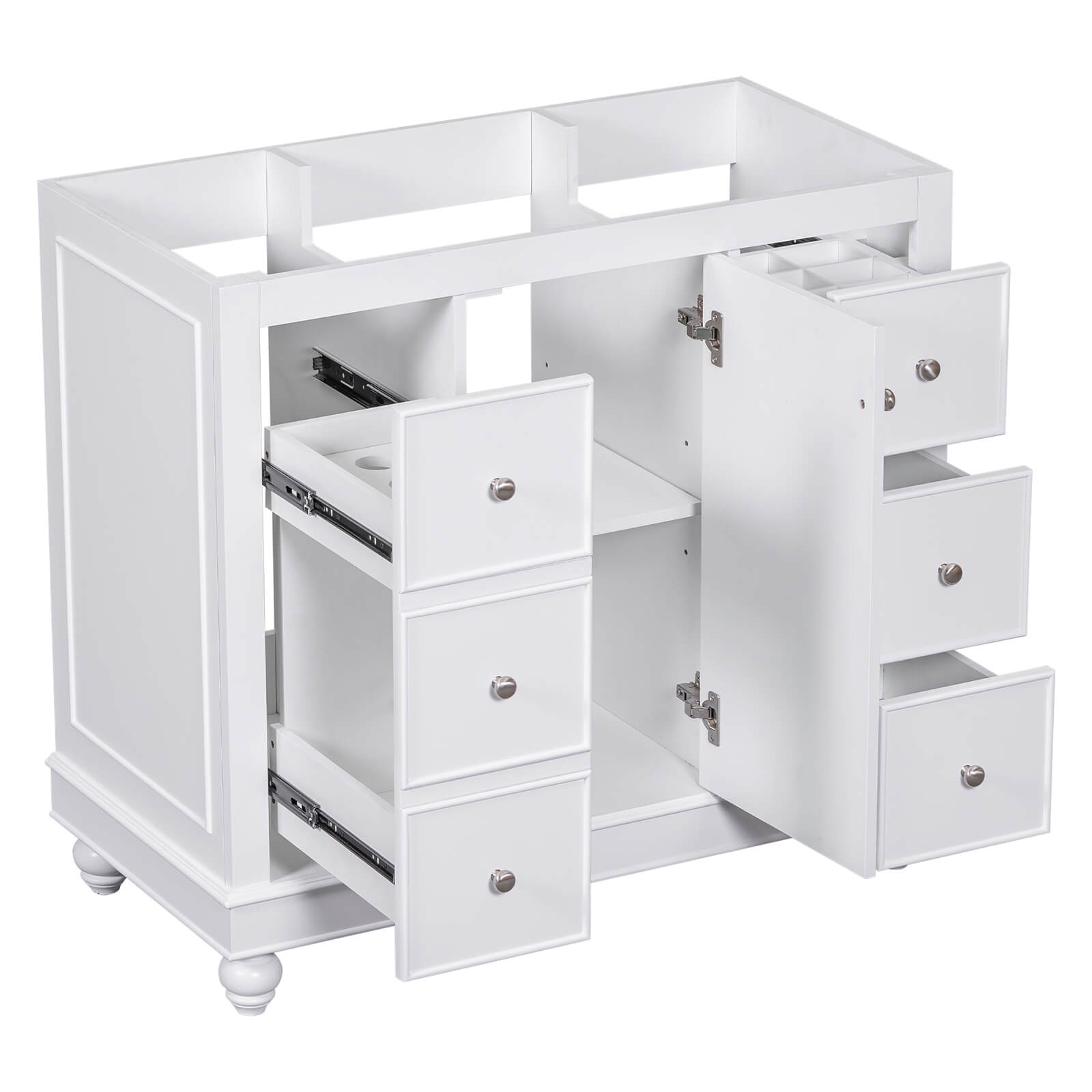 White bathroom vanity paired with a separately purchased sink and countertop