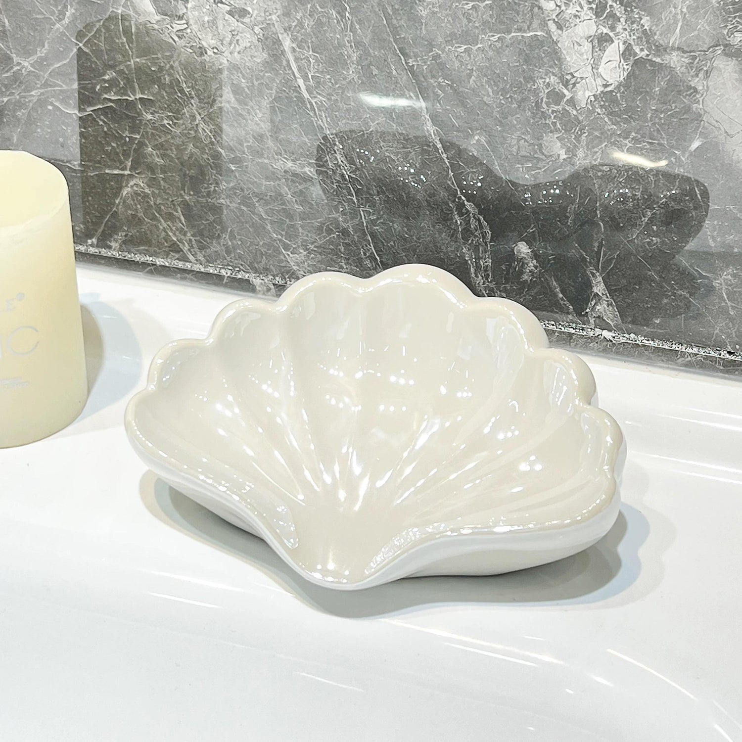Ceramic Sea-Shell Soap Dish with Self Draining for Bathroom Shower