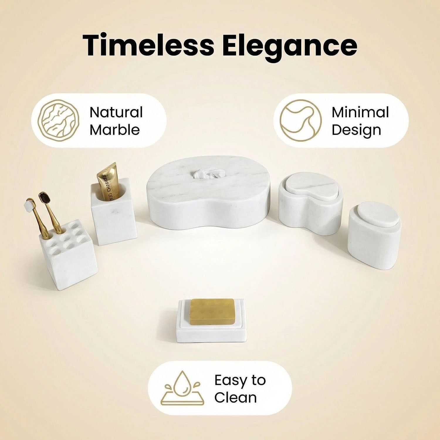 White marble bathroom accessories set for elegant vanity display