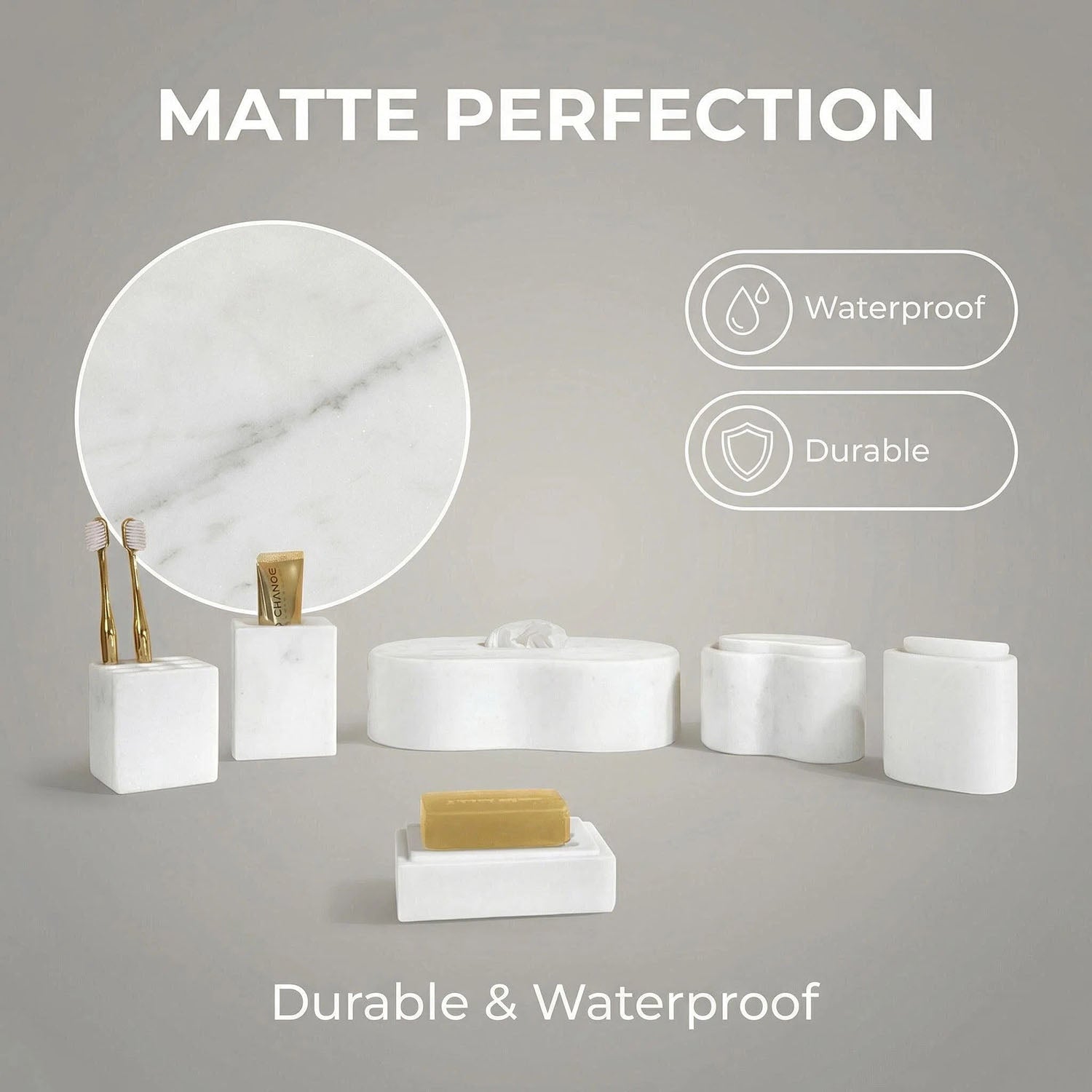 White marble bathroom countertop accessories set for modern bathroom decor