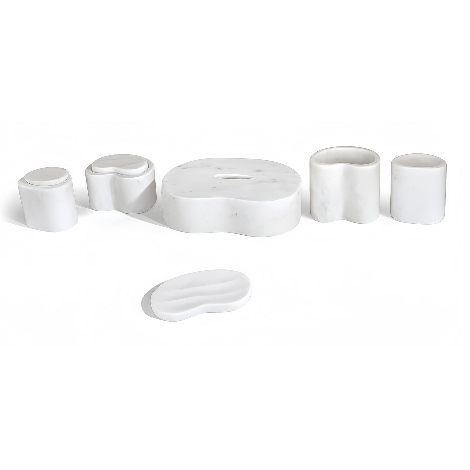 White natural marble bathroom set with coordinated vanity accessories