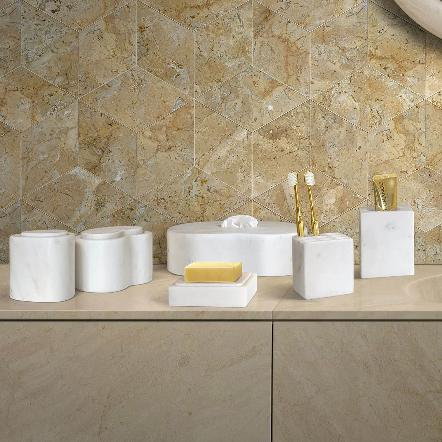 White natural stone bathroom accessories set with unique veining pattern