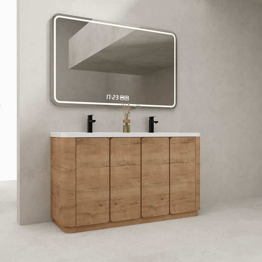 White oak freestanding double bathroom vanity with seamless resin countertop and sink