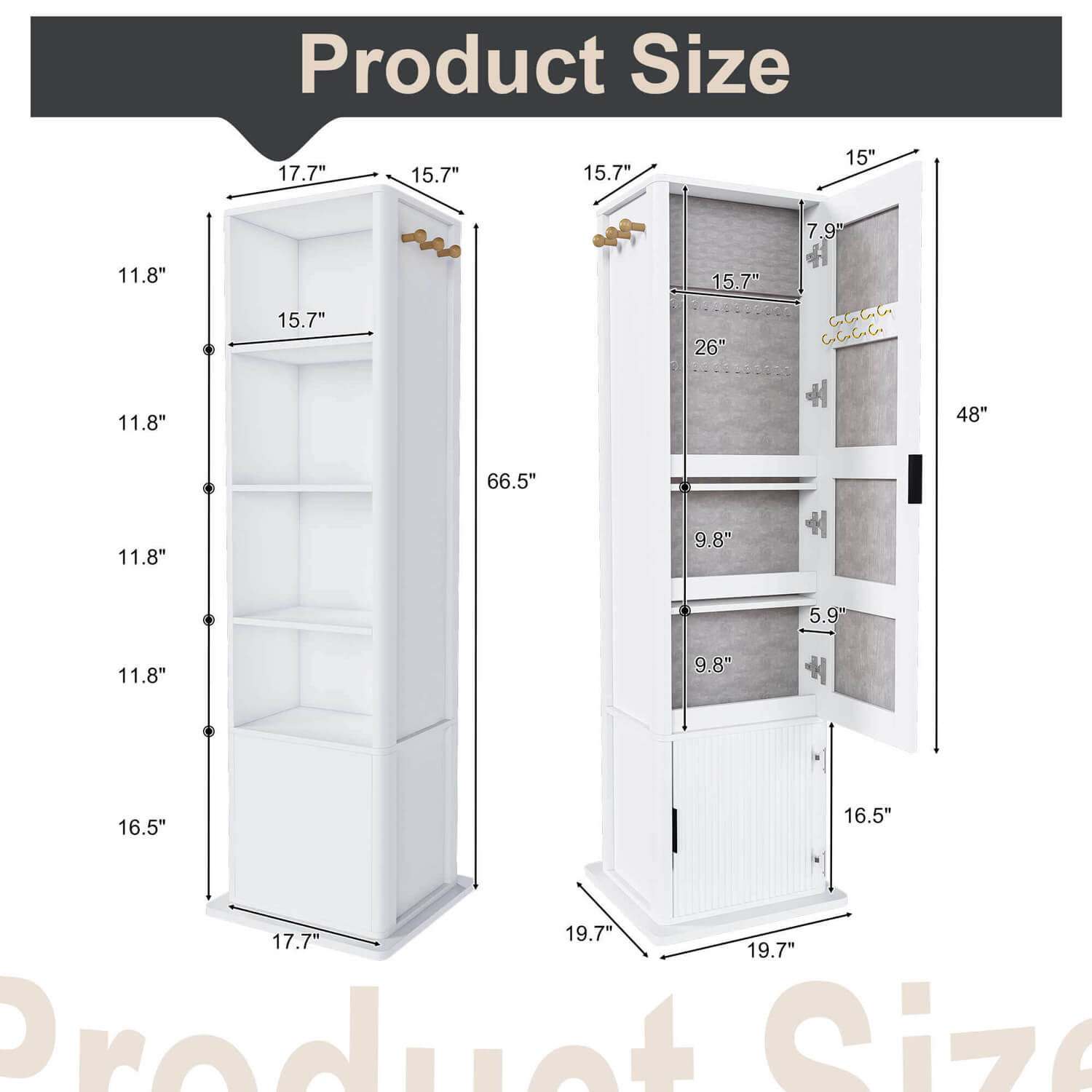 White rotating mirror cabinet detailed size view with dual structure