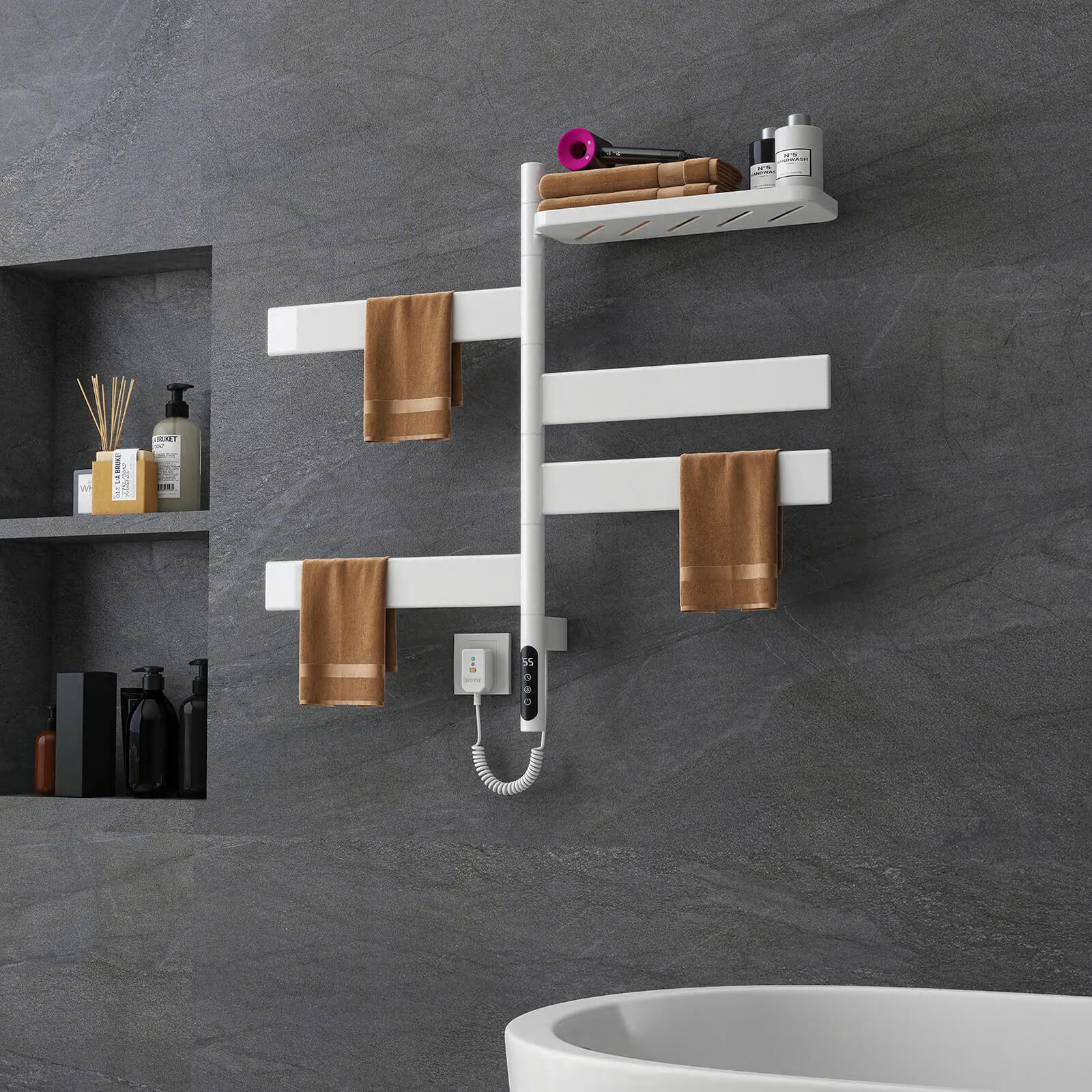 White smart towel warmer with advanced drying capabilities
