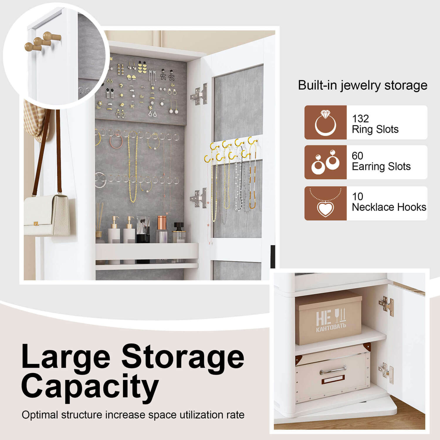 White storage mirror cabinet with 132 ring slots and 60 earring slots