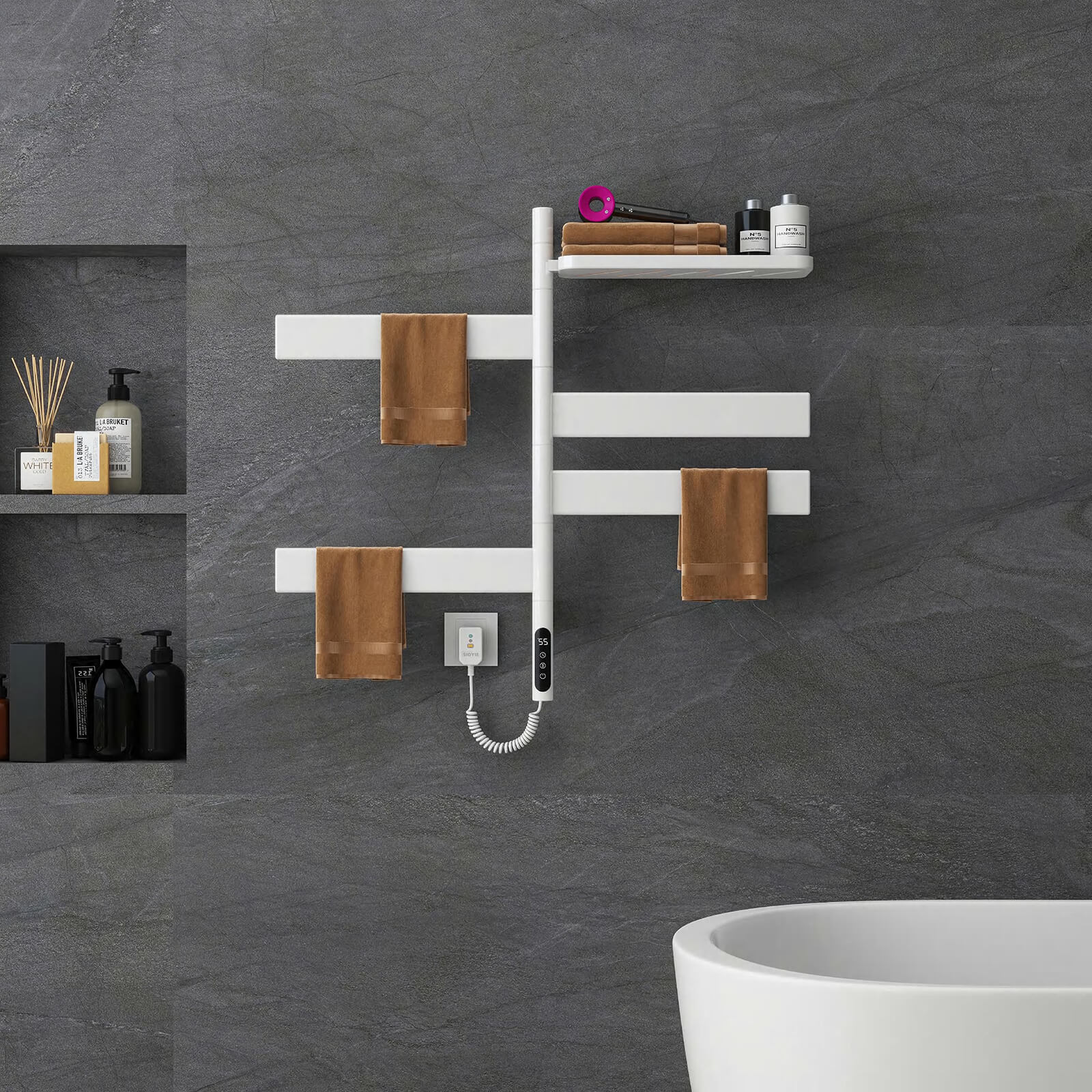 White towel warmer with LED display showing temperature and timer