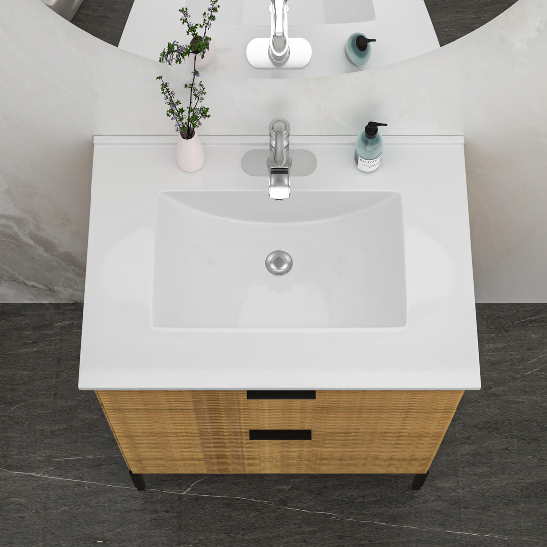 Wide one piece vanity sink with built in overflow drain system