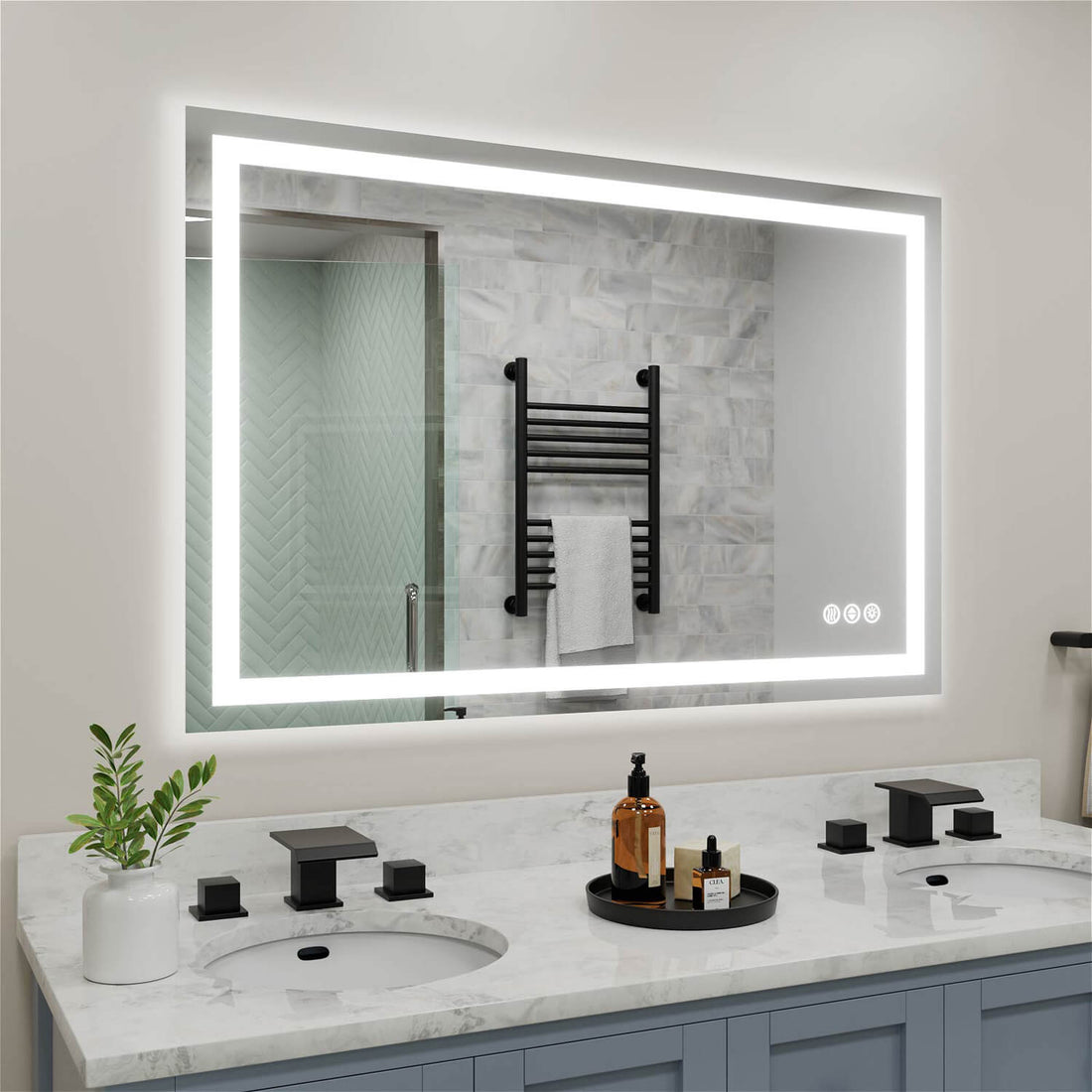 Wide LED bathroom mirror with perimeter lighting and touch controls in the corner
