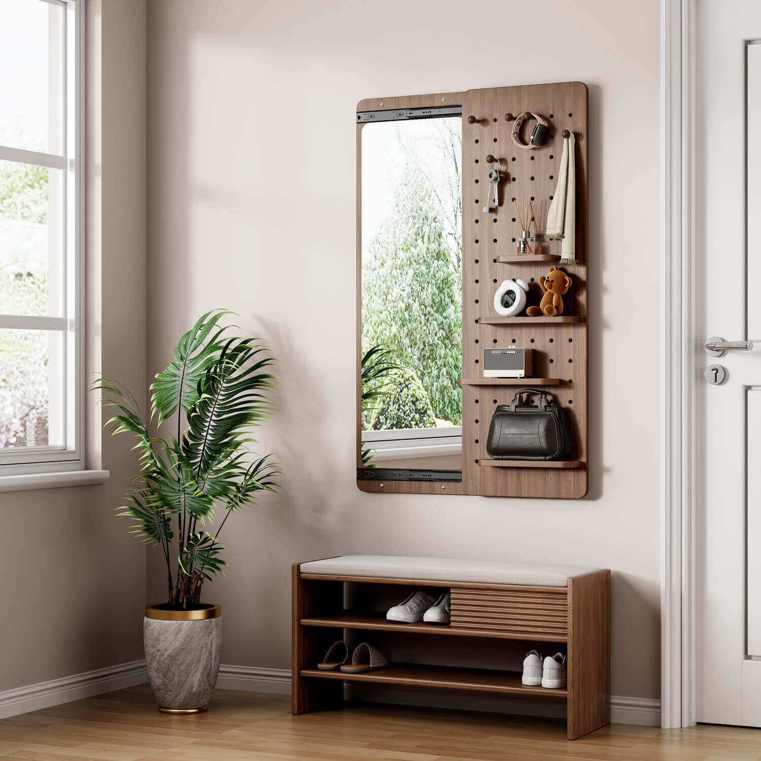 Window side entryway mirror with pegboard and shoe bench