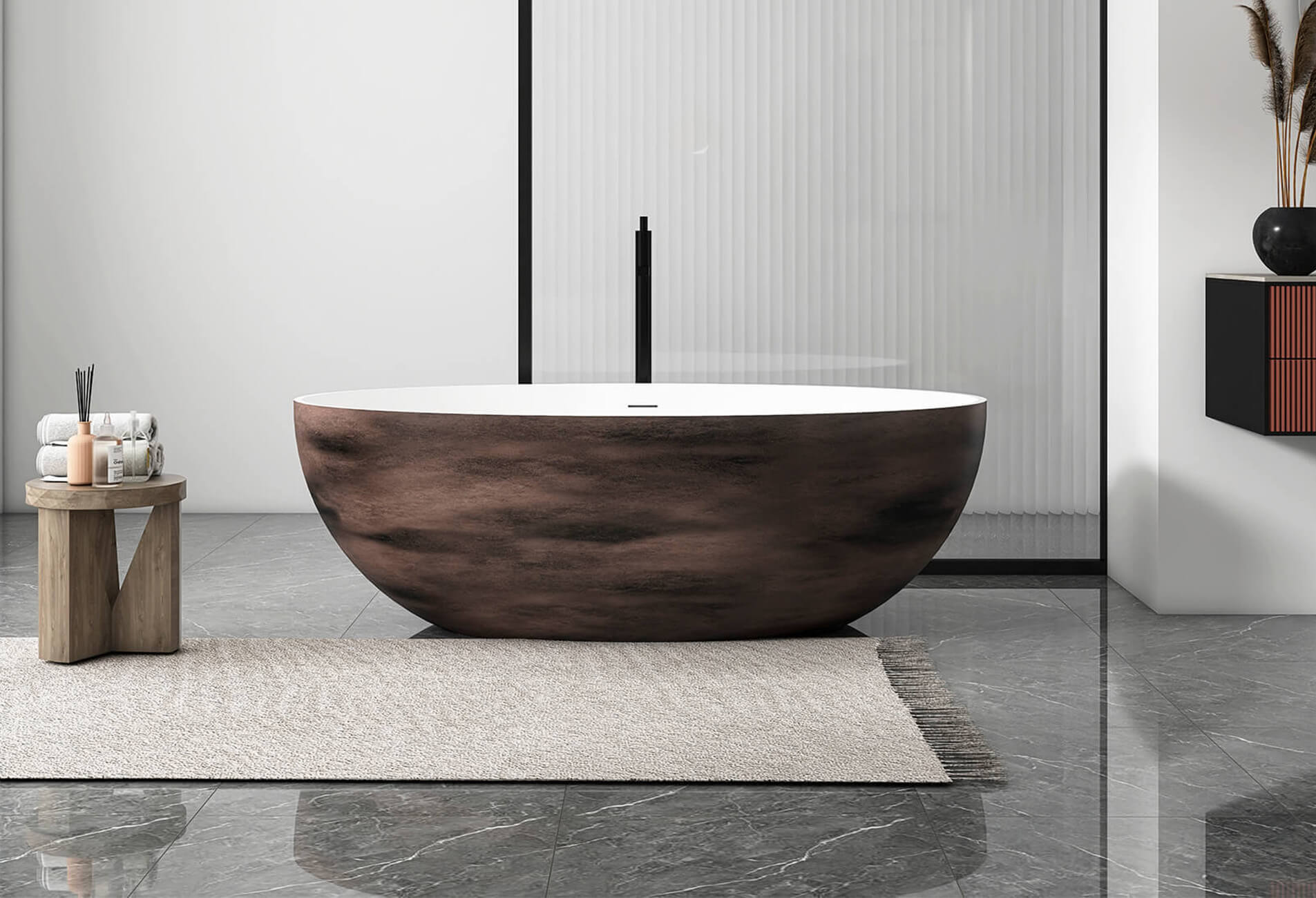 Wood grain finish solid surface bathtub