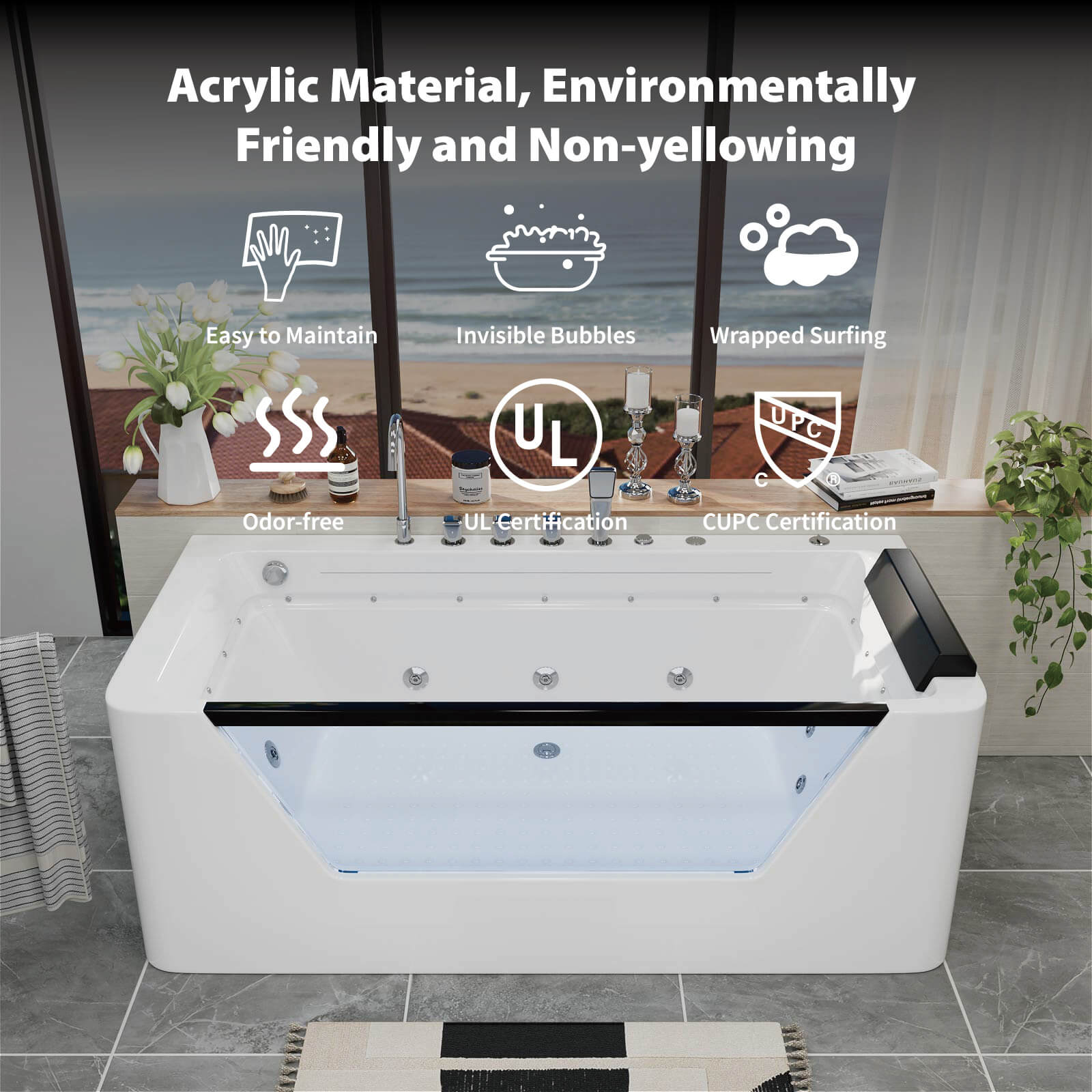 67" Whirlpool Bathtub with 7 Jets, Glass Panel Jetted Tub, Hydro Massage & LED Lights
