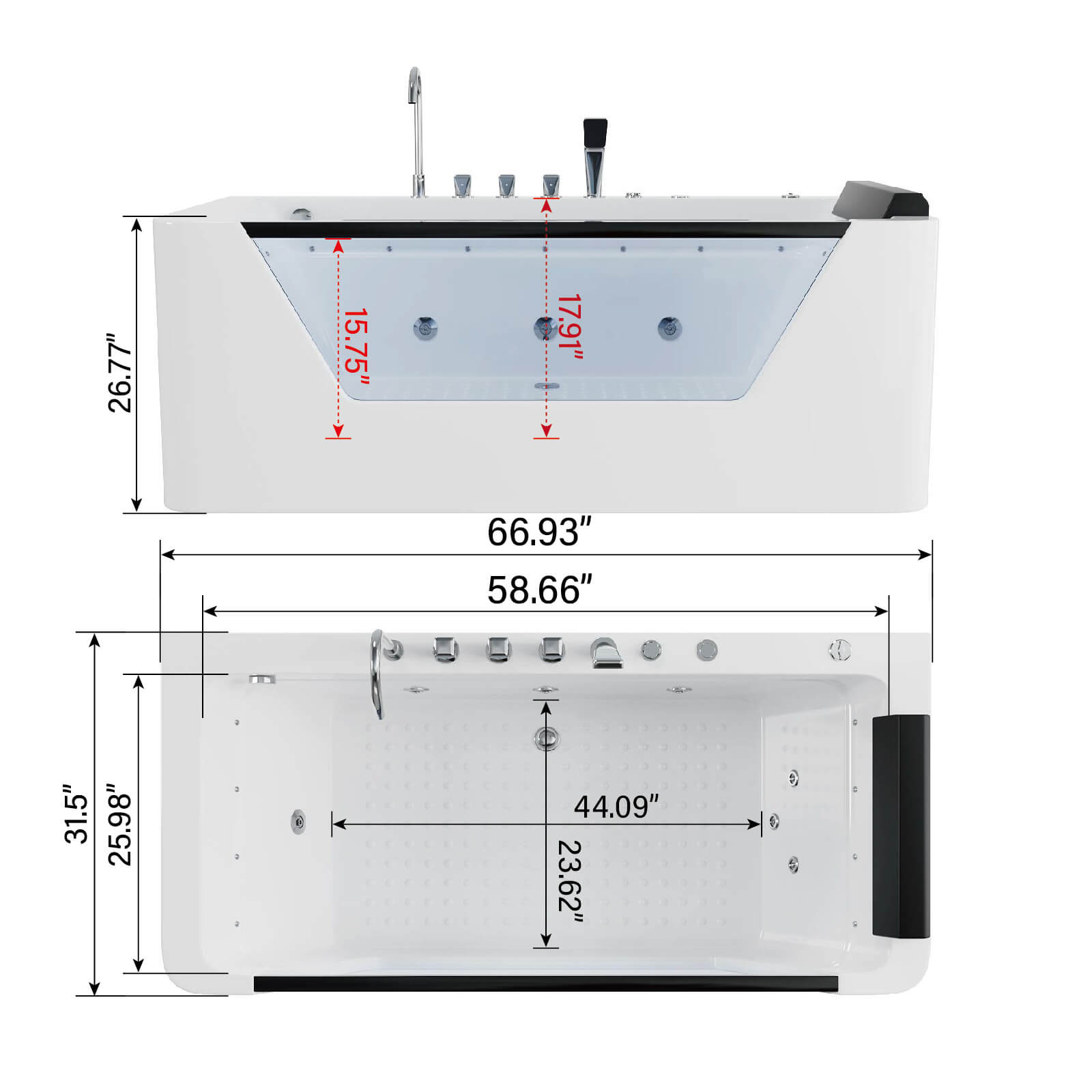 67" Whirlpool Bathtub with 7 Jets, Glass Panel Jetted Tub, Hydro Massage & LED Lights