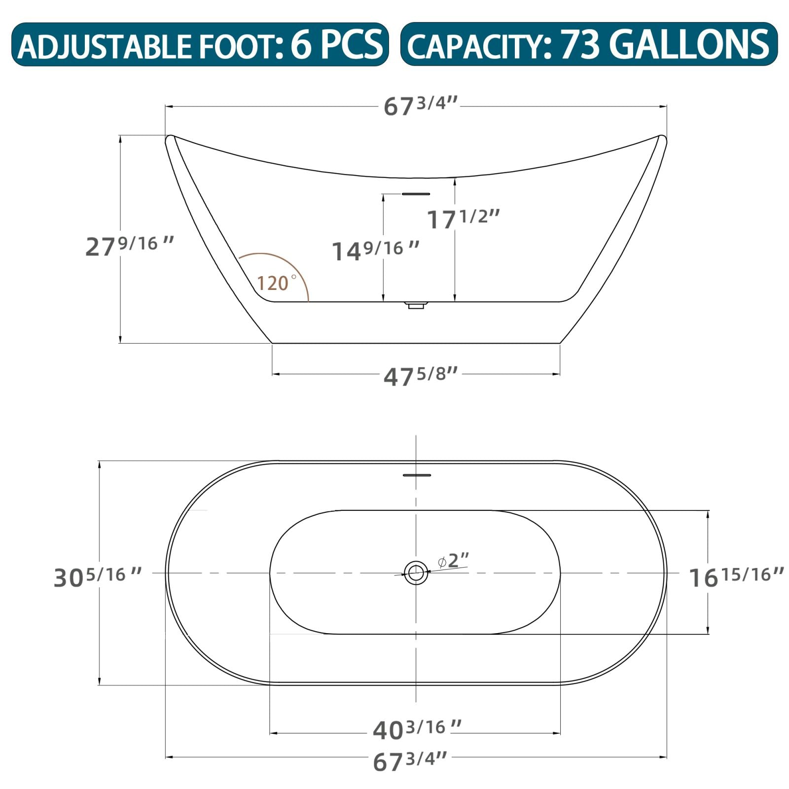 Dimensional outline drawing of 68" double slipper acrylic soaking tub
