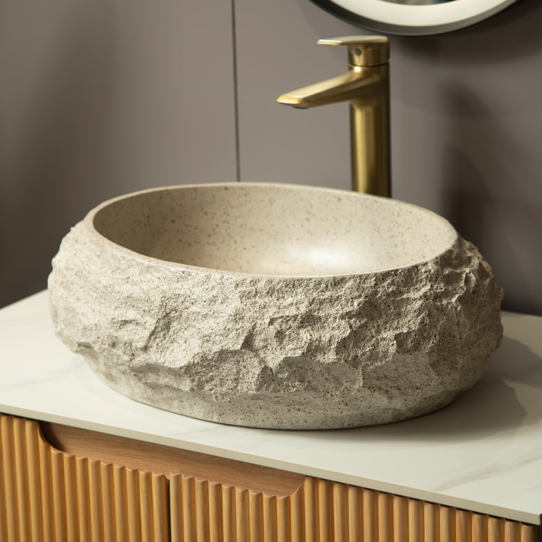 Beige Stone Pattern Resin Vessel Bathroom Sink artistic oval basin rock-like exterior texture
