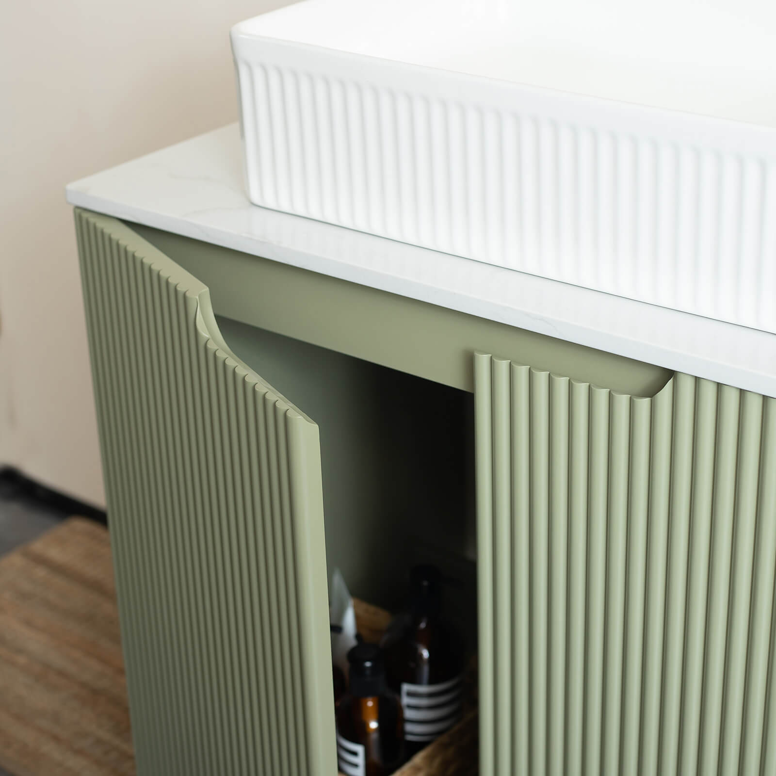 bathroom vanity with textured grooved design