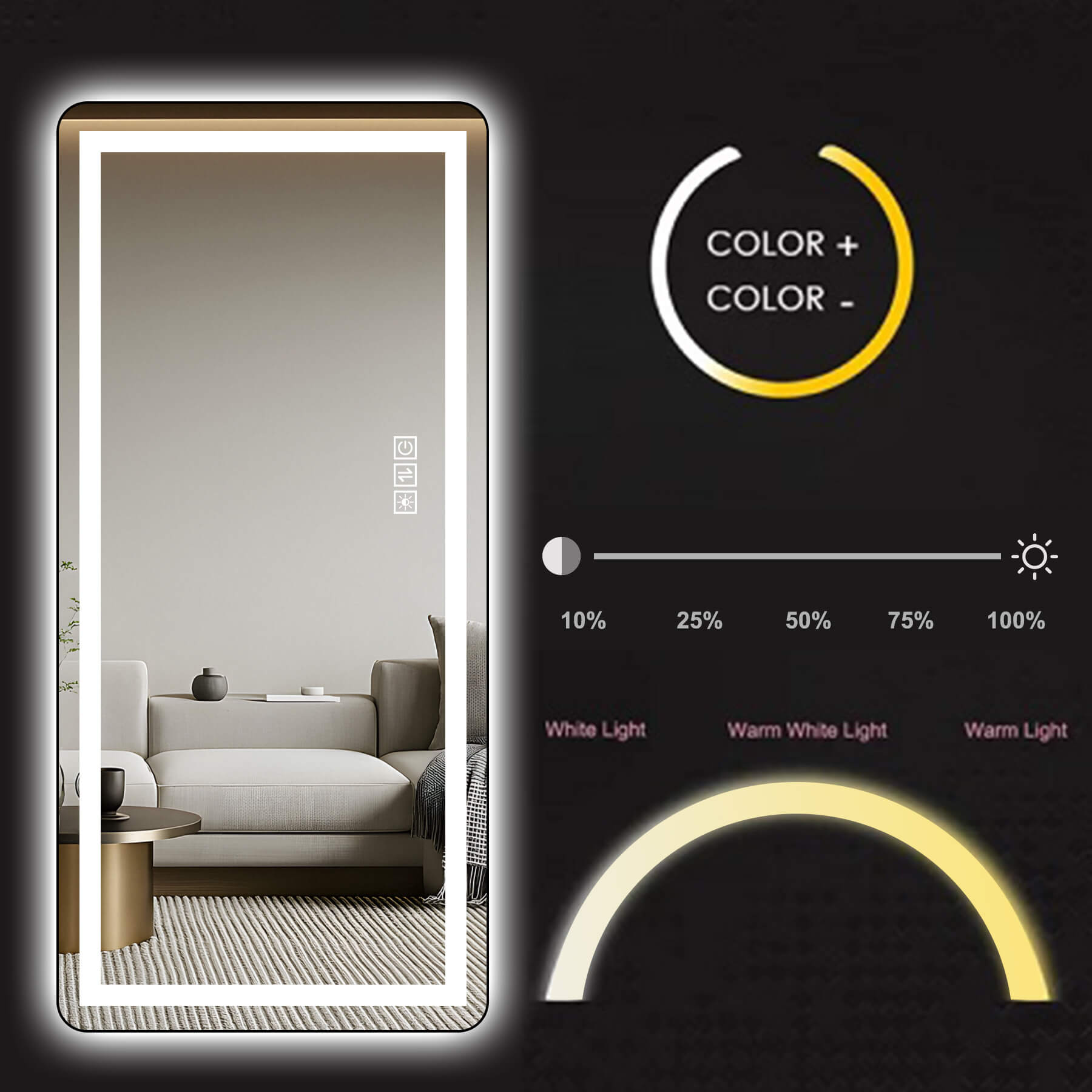 64"x21" Black LED Full Length Mirror with Dimmer, 3 Color Temperatures